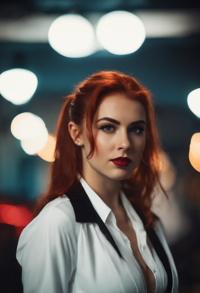 20 years old teen in office, aroused look, red hair, pony tail, busty, big breasts, cleveage, cyberpunk theme, white blouse, short black skirt, black jacket, neon lights