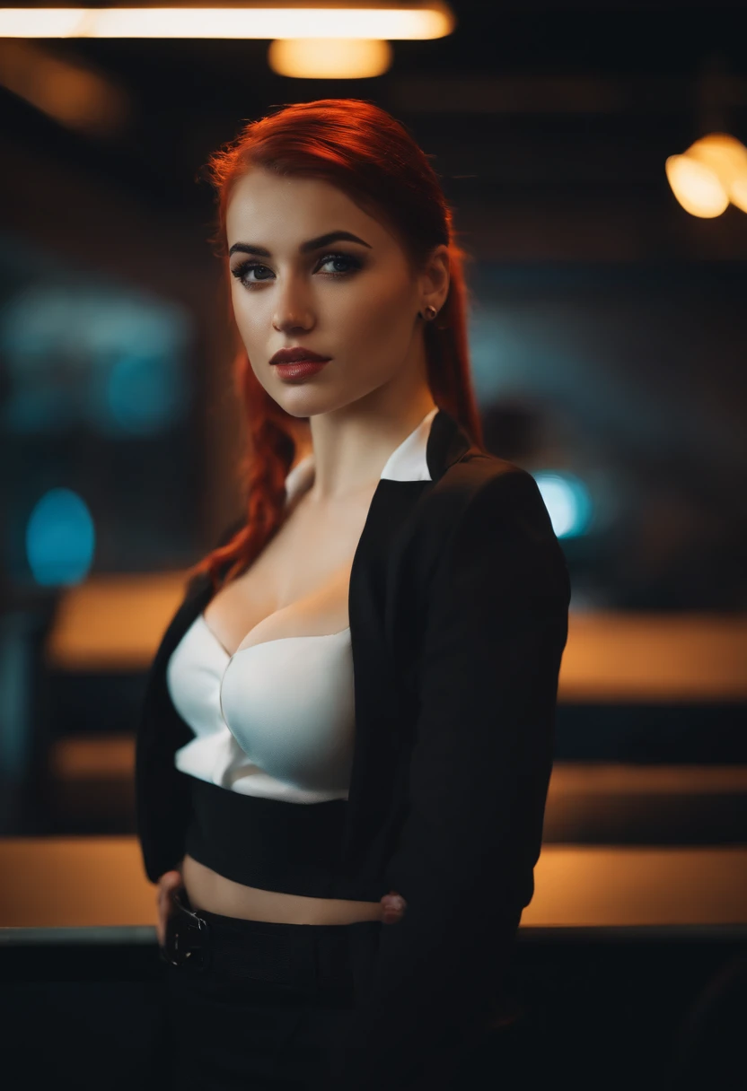 20 years old teen in office, aroused look, red hair, pony tail, busty, big breasts, cleveage, cyberpunk theme, white blouse, short black skirt, black jacket, neon lights