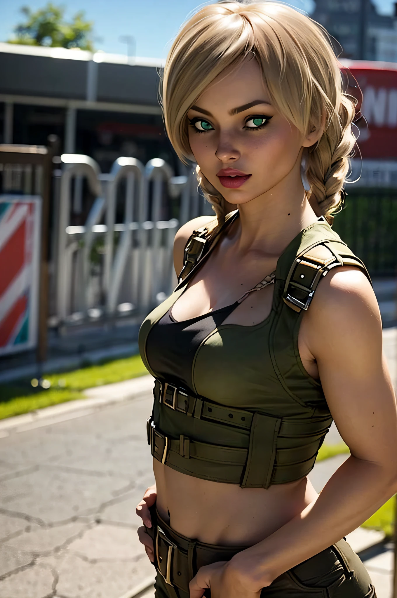 masterpiece, highest quality, High resolution, One girl, Cammy White, Twin Blade, Long Hair, Blonde Hair, Antenna Hair, beret, (Red Hat:1.3), blue eyes, Wounds on the cheeks, Green leotard, big boobs 36 DD, No sleeve, Red gloves, Fingerless gloves, Camouflage, Cowboy Shot, Are standing, Outdoor, Arms at your sides, Straight,