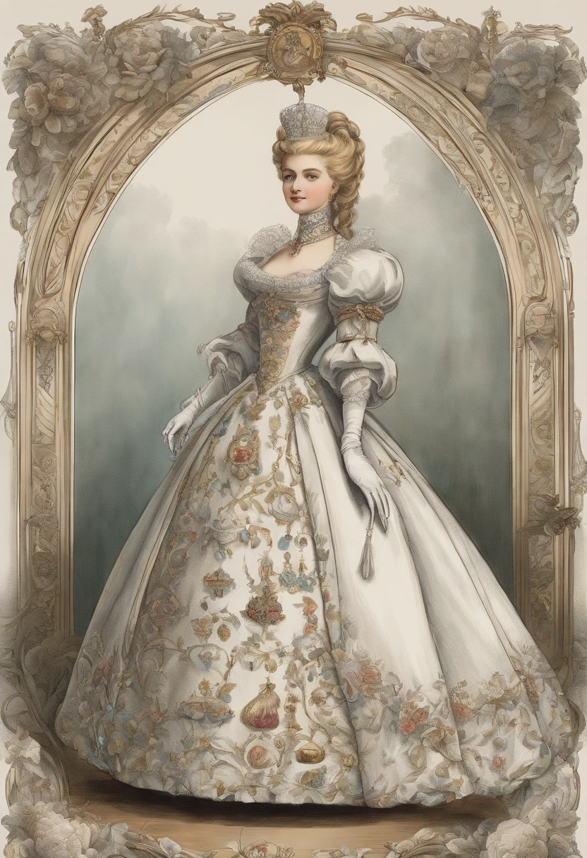 John Tenniel art, Formal and Official Coronation Portrait, Portrait of a stunningly beautiful young blonde Queen wearing A Stately and Elaborate Royal Cinderella Court Gown with (((enormous puffed sleeves))), an hourglass waist, and a (((huge crinoline hoopskirt))) adorned with bows, embroidery, and jewels, long white gloves, pearl necklace and earrings