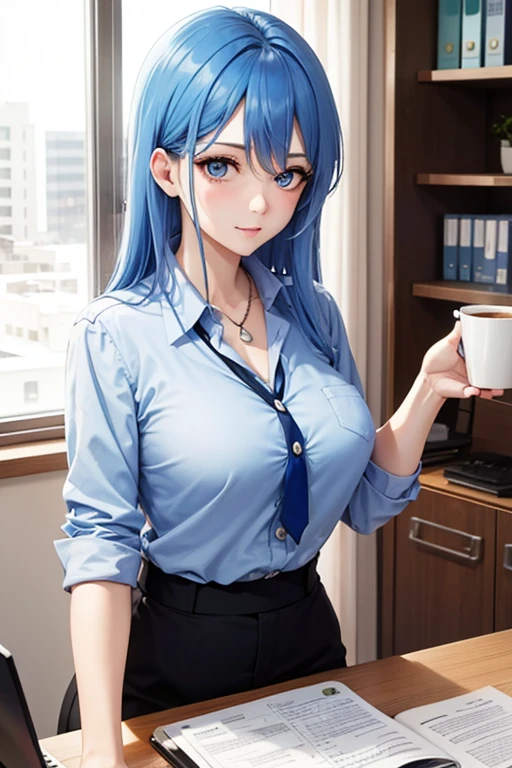 A blue haired office female worker with blue eyes is pouring coffee in the office