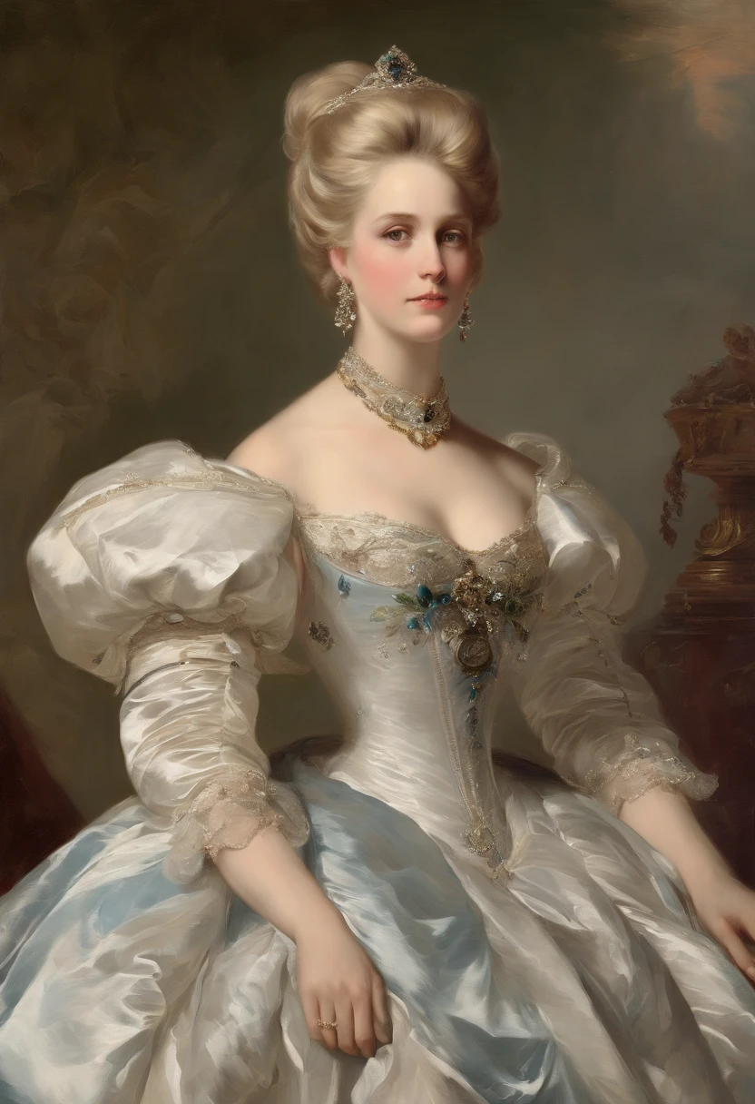 Franz Xaver Winterhalter art, Formal and Official Coronation Portrait, Portrait of a stunningly beautiful young blonde Queen wearing A Stately and Elaborate Royal Cinderella Court Gown with (((enormous puffed sleeves))), an hourglass waist, and a (((huge crinoline hoopskirt))) adorned with bows, embroidery, and jewels, long white gloves, pearl necklace and earrings