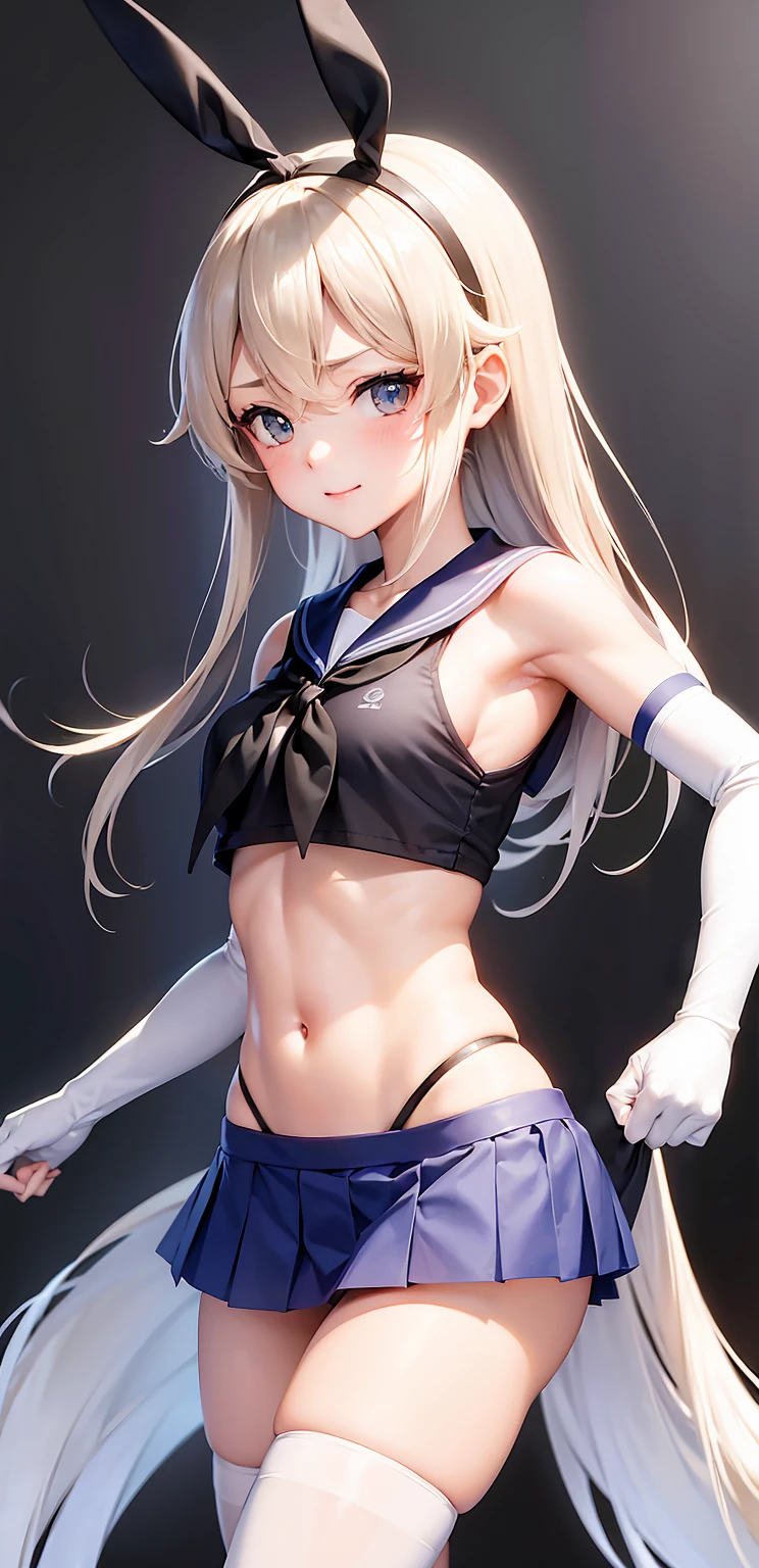 (masterpiece, best quality:1.2),illustration,8k,hd,1girl,solo,upper body,(portrait:1.2),long_hair,blonde_hair,elbow_gloves,underwear,striped_thighhighs,white_gloves,smile,navel,yellow eyes,highleg_panties,black_panties,anchor_hair_ornament,highleg,blush,school_uniform,crop_top,sailor_collar,hairband,hair_ornament,serafuku,miniskirt,pleated_skirt,blue_skirt,sleeveless,bare_shoulders,hair_between_eyes,grey_footwear,microskirt,midriff,neckerchief,collarbone,smug, small waist, slim waist, fit body, fit legs, toned legs, toned arms, fit arms, fit midriff, toned midriff, large breasts, huge breasts, giant breasts, muscular midrif, muscular arms, black panties, sixpack, cleavage, huge breasts, huge chest