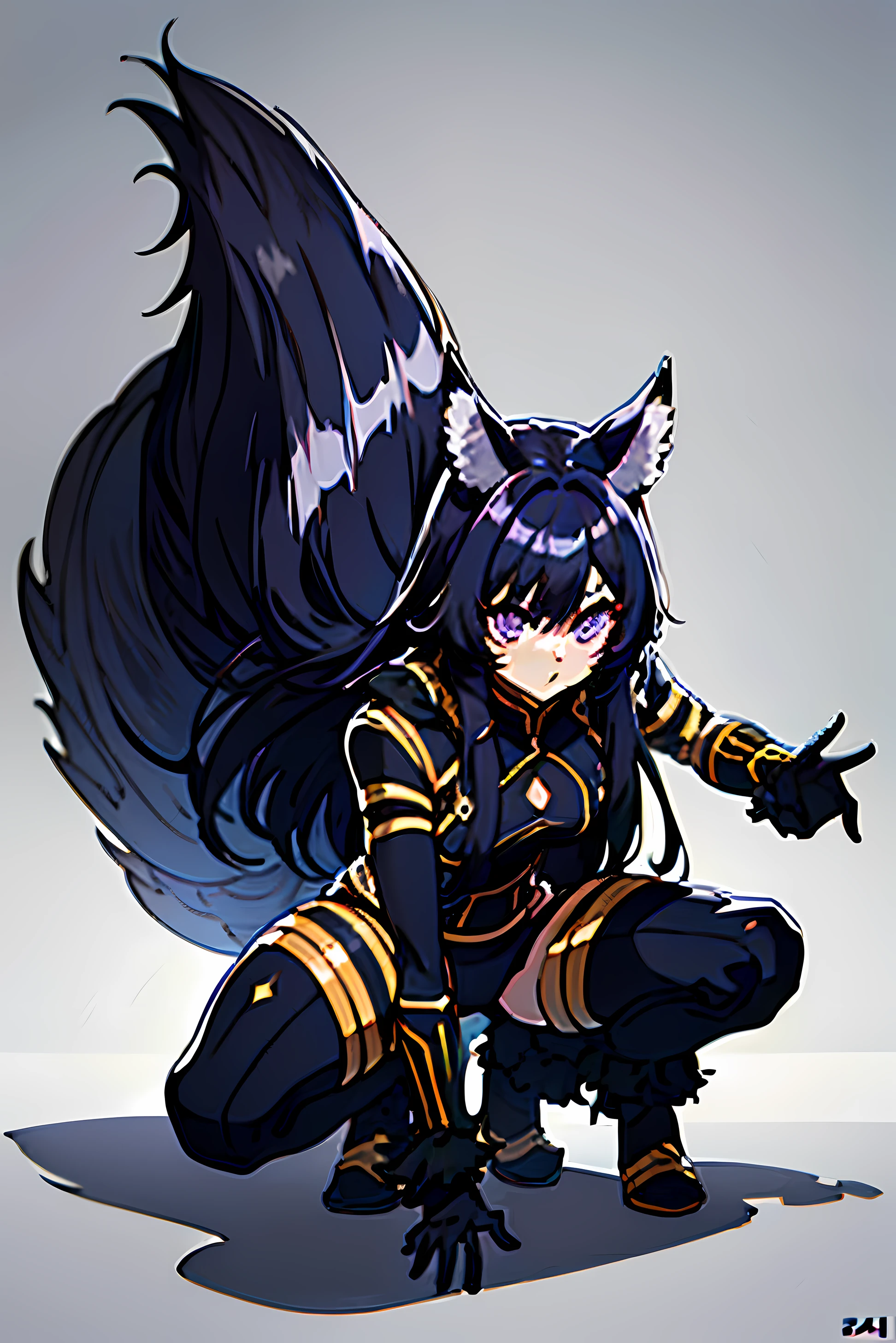 delta, facial mark, purple eyes, small breasts, black long hair, tail, tail ornament, standing, fighting pose, attacking pose, squatting, looking at viewer, facing at viewer, upper body, eye level, plain background, best quality, ultra detailed, beautiful, masterpiece, best quality, facing front, (best quality, 4k, 8k, highres, masterpiece:1.2), ultra-detailed, ultra-fine, sharp focus, extreme detail description, professional, vivid colors