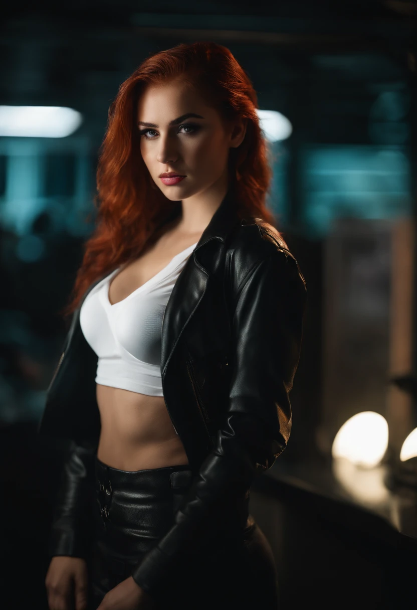 20 years old in office, aroused look, red hair, pony tail, busty, big breasts, cleveage, cyberpunk theme, unbuttoned white blouse, short black skirt, black jacket, neon lights