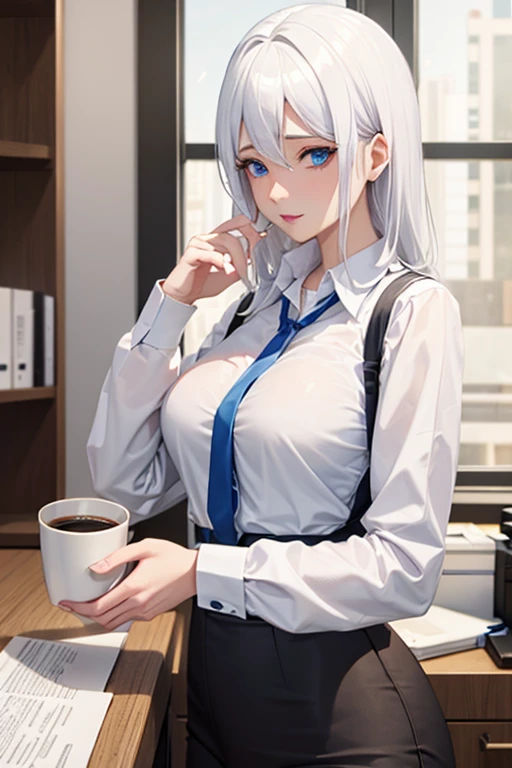 A white haired office female worker with blue eyes is pouring coffee in the office