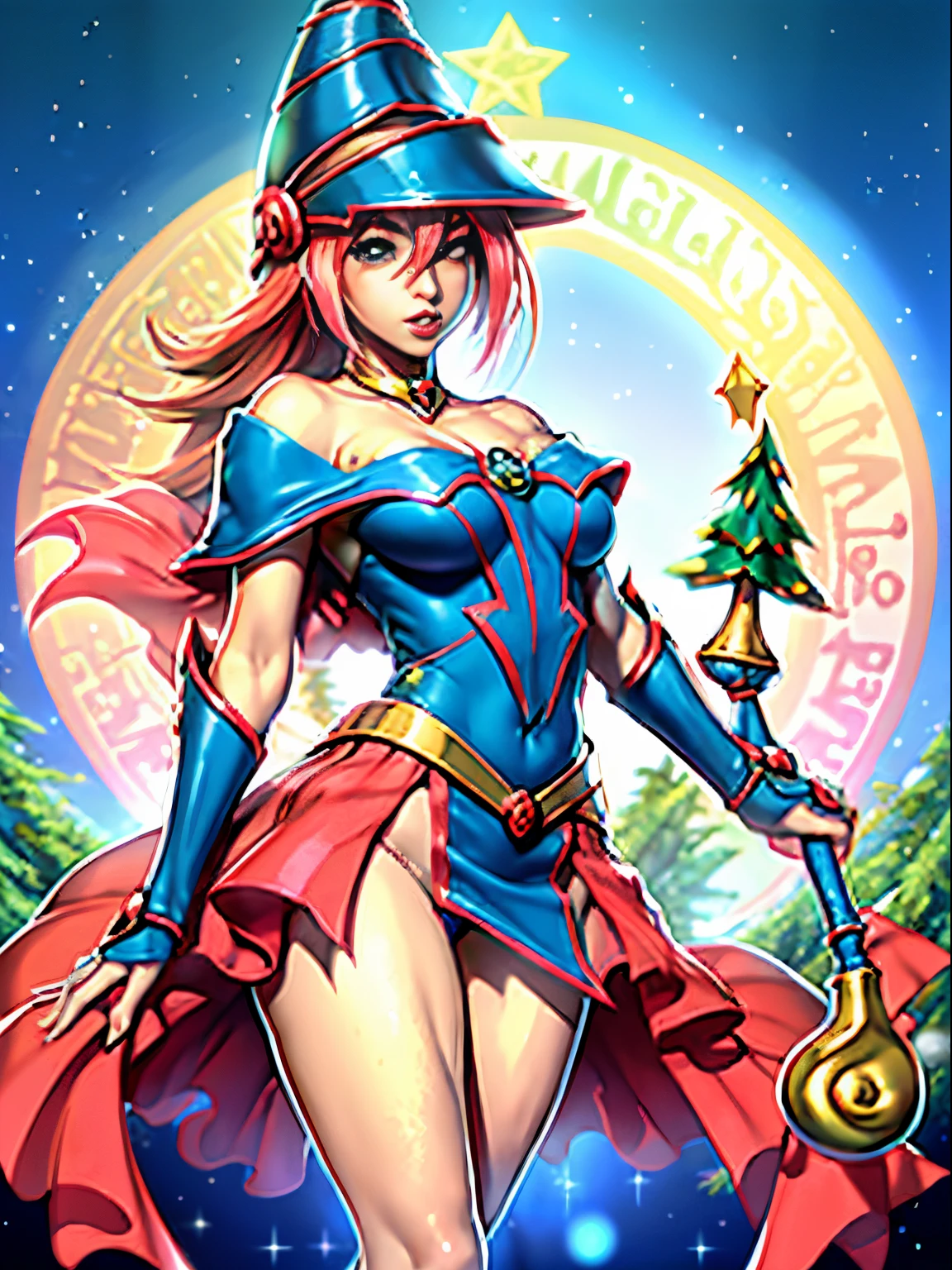 Dark magician gils con vestido rojo,((see through)), extremadamente detallado, rubio,(((Mini falda diminuta))), ((skirt lift)),(((tanga visible))), ojos azules, tacones rojos, (((Navidad))), escote, ((christmas tree, Regalos)), cabello rubio, navidad de Magia. Pose sejustiva y sensual.