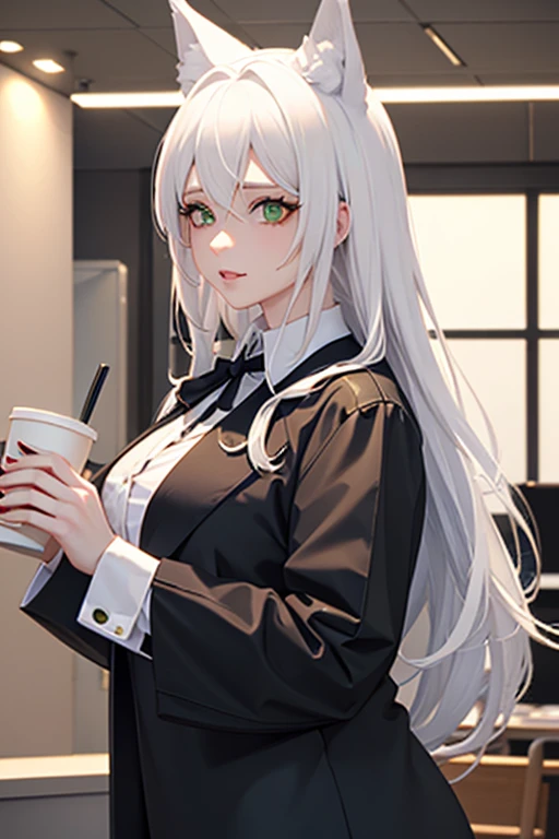 A white haired office female worker with green eyes and wolf ears is pouring coffee in the office