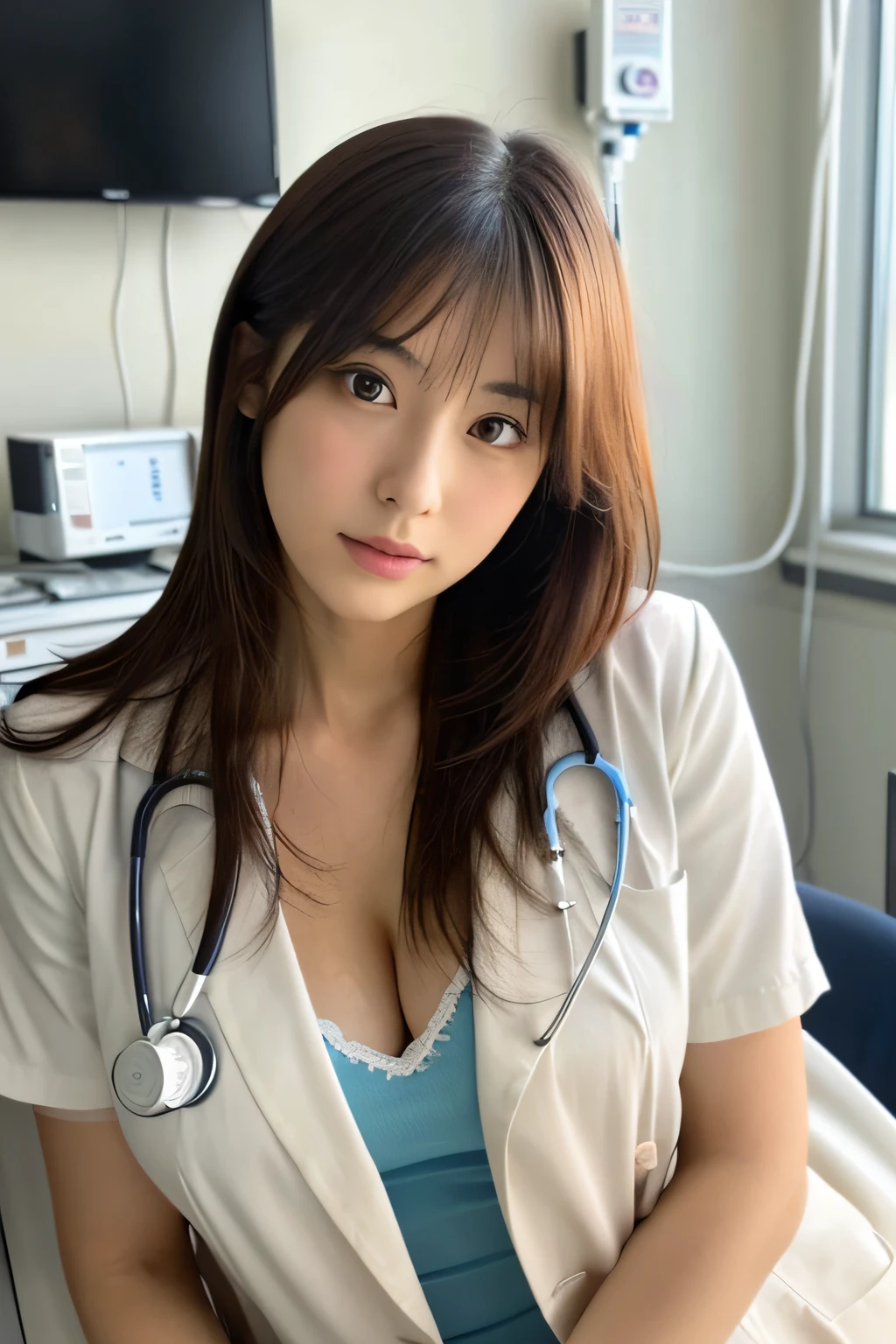 crossed legs,large breasts,cute face,beautiful face,cool face,medium hair,hospital,Mysterious,masterpiece, extremely fine and beautiful,photorealistic,Japanese,Female doctor、