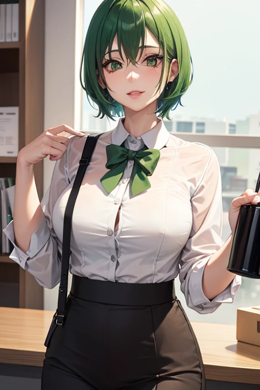 A green  haired office female worker with green eyes and short hair  is pouring coffee in the office