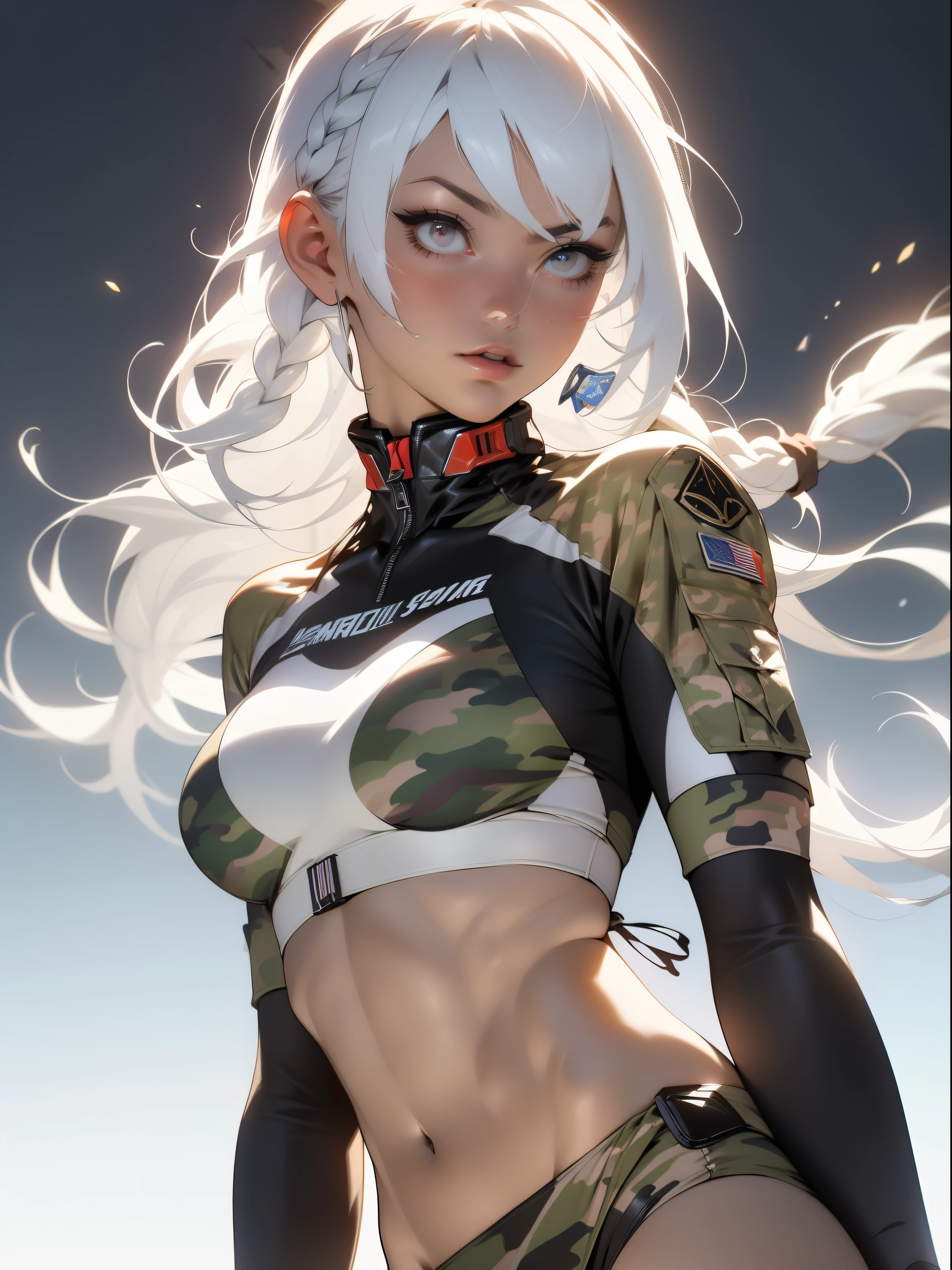 ((best quality)), ((master part)), (circunstanciado: 1.4), (Absurdo), A war-ready fighter pilot in a military bikini, marinheiro, pele escura, corpo esculpido definido, corpo inteiro, coxas nuas, boca fechada,  Cyberpunk, seminua, decote generoso, ((seios enormes perfeitos)), (Olhos azuis claros super claros sem pupilas), (((Military camouflage bikini)),  (((white hair with braid)))), long eyelashes heavy makeup, suspender belt, Comparar muito, niji --V5, perto do real, psicopata, rosto perfeito, Pose sexy, Background with a giant Evangelion head, 2 piece outfit, Foi, Centrado, size according to dimensions, HDR (high dynamic range),ray tracing, NVIDIA RTX,Super-Resolution,Unreal 5,underground dispersal, Textura PBR, Post-processing, anisotropic filtering, profundidade de campo, Maximum clarity and sharpness, texturas multicamadas, Mapas de albedo e especular, Sombreamento superficial, Accurate simulation of light-material interaction, perfectly proportions, octan render, dual-tone lighting, inauguration, ISO baixo, white-balance, rule of thirds, 8K BRUTO, crysisnanosuit bikini, lacuna na coxa, Quadris bonitos, Tiroteio de Cowboy
