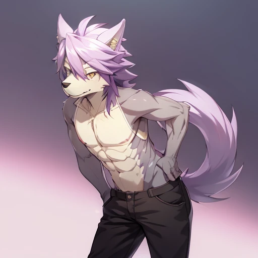 masterpiece kouya thymilph white and secondary purple fur, purple eyes, purple ears, cute, lean, full body, casual clothing, standing, hands on hip, camera angled down, look at audience, gothic casual clothing, fully clothed