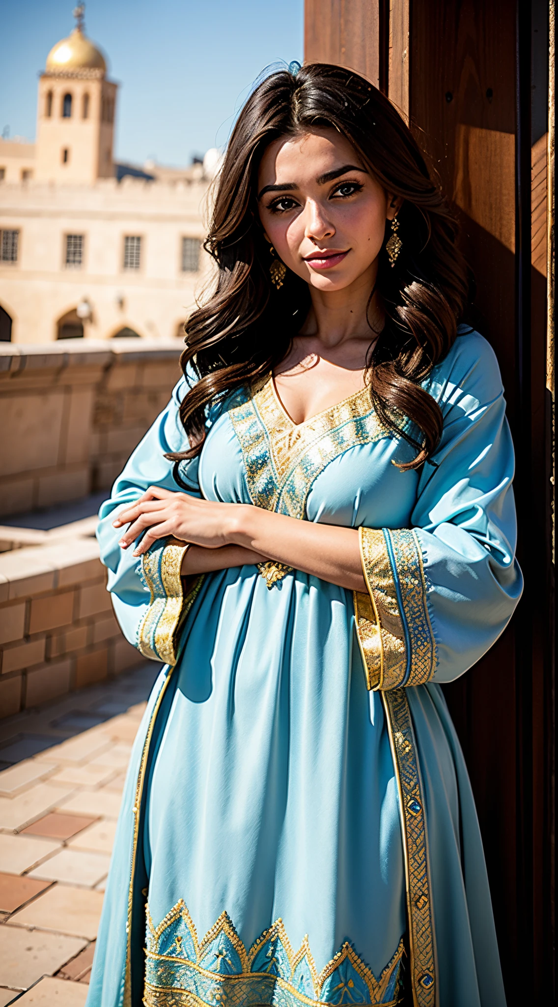 Très belle princesse européenne beauté aux cheveux longs super détaillée tenue dynamique caftan marocain portrait zoom