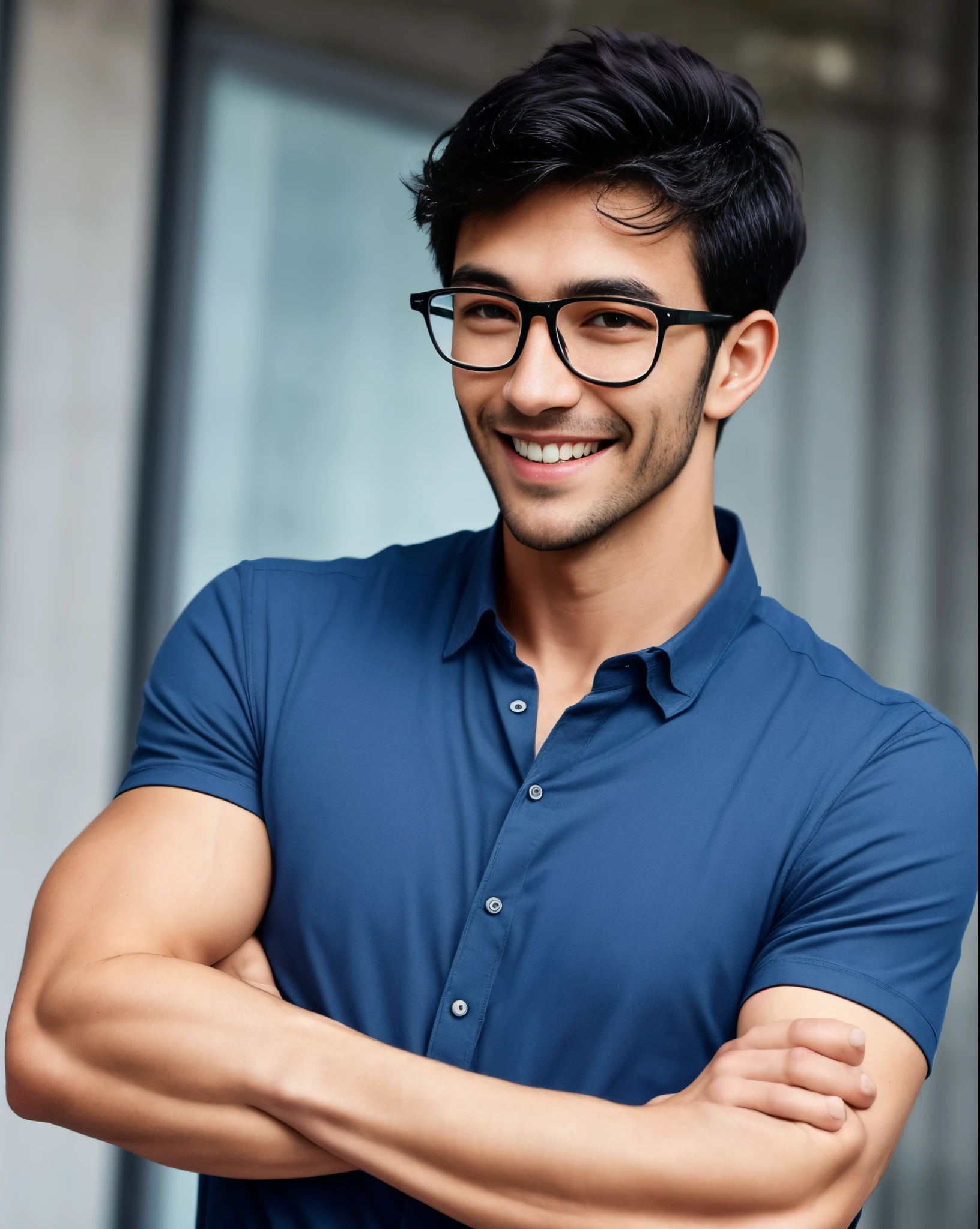 very thin man smiling glasses black hair brown skin arms crossed blue shirt @