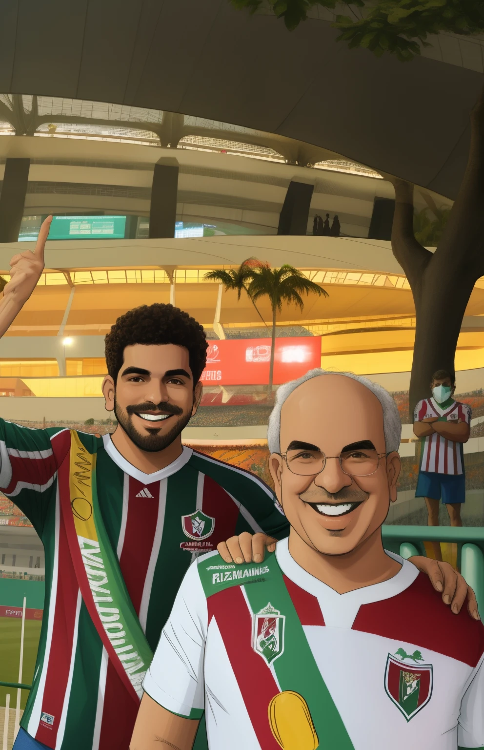 caricature of father and son dressed in Fluminense Football Club shirts in front of the Maracanã stadium