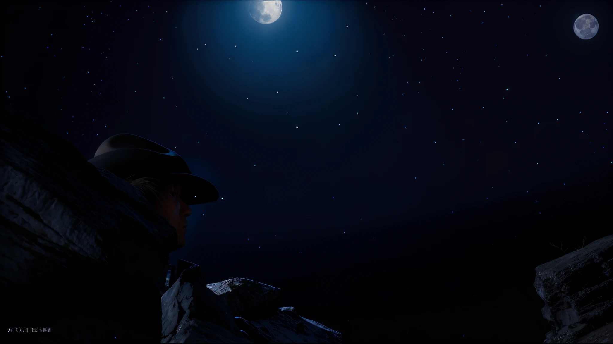 Cowboy in the moonlight, starry night sky with bright moon and star in the sky, Rendering at night, Blue Moon Ray Tracing, absurdres, high res, ultrasharp, 8K, masterpiece