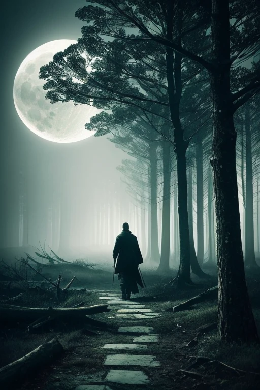 a man walking alone towards the moonlight in a battlefield, in a forest,a man walking alone towards the moonlight in a battlefield, in a forest,painting, 3D rendering, realistic, detailed face and expression, intense atmosphere, dark and gloomy, vibrant colors, moonlight illuminating the scene, misty and mysterious forest, rugged and destroyed landscape, fallen trees and debris scattered around, dramatic shadows and highlights, dynamic composition with the man centered in the frame, a sense of solitude and determination, strong contrast between light and dark, cinematic feel, epic and surreal ambiance.