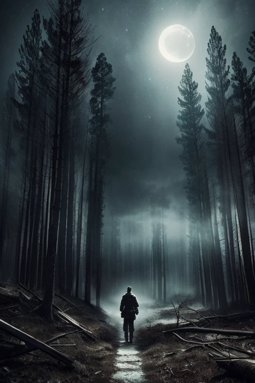 a man walking alone towards the moonlight in a battlefield, in a forest,a man walking alone towards the moonlight in a battlefield, in a forest,painting, 3D rendering, realistic, detailed face and expression, intense atmosphere, dark and gloomy, vibrant colors, moonlight illuminating the scene, misty and mysterious forest, rugged and destroyed landscape, fallen trees and debris scattered around, dramatic shadows and highlights, dynamic composition with the man centered in the frame, a sense of solitude and determination, strong contrast between light and dark, cinematic feel, epic and surreal ambiance.