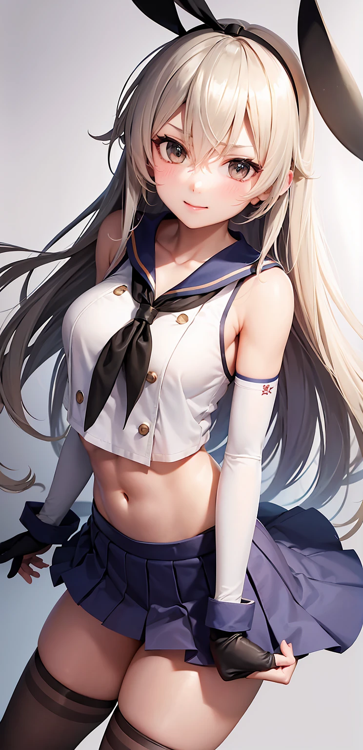 (masterpiece, best quality:1.2),illustration,8k,hd,1girl,solo,upper body,(portrait:1.2),long_hair,blonde_hair,elbow_gloves,underwear,striped_thighhighs,white_gloves,smile,navel,yellow eyes,highleg_panties,black_panties,anchor_hair_ornament,highleg,blush,school_uniform,crop_top,sailor_collar,hairband,hair_ornament,serafuku,miniskirt,pleated_skirt,blue_skirt,sleeveless,bare_shoulders,hair_between_eyes,grey_footwear,microskirt,midriff,neckerchief,collarbone,smug, small waist, slim waist, fit body, fit legs, toned legs, toned arms, fit arms, fit midriff, toned midriff, large breasts, huge breasts, giant breasts, muscular midrif, muscular arms, black panties, sixpack, cleavage