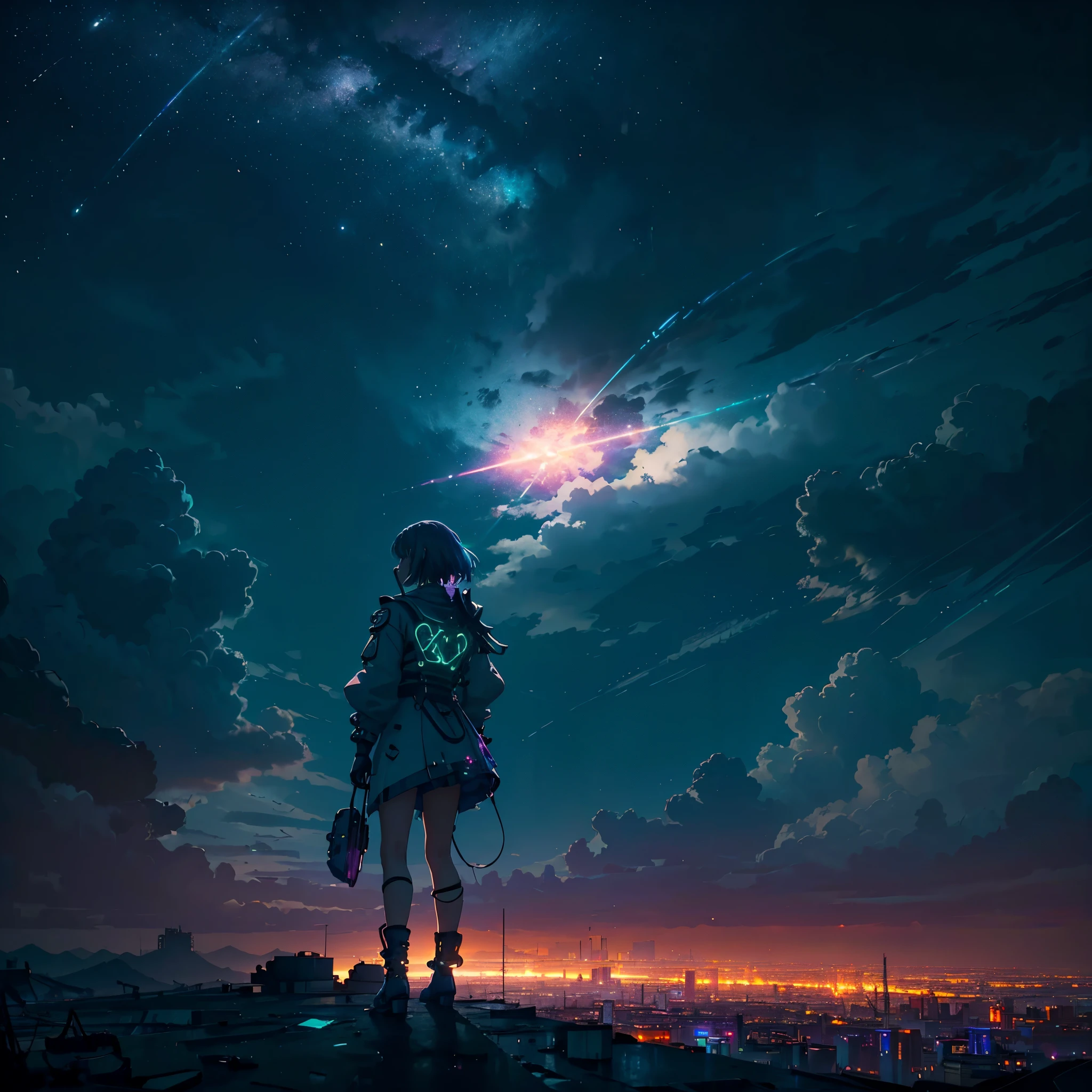 Panoramic photography of expansive landscapes, (Vista desde abajo con vistas al cielo y la calle de abajo), Cyberpunk girl standing in a dystopian city looking up, Chica a cuatro patas en el suelo (Toma la llave: 1.2), (estrella fugaz: 0.9), (Nebulosa: 1.3), ciudad lejana, tree-breaking production art, (warm light source: 1.2), (neon light: 1.2), bombilla, purple and orange, Detalles intrincados, BREAK lighting volume (obra-prima: 1.2), (sthe highest qualit), 4k, Ultra detallado, (dynamic setting: 1.4), Detalles muy detallados y coloridos (Iridiscente: 1.2), (bright illumination, Atmospheric Illumination), Dreamy, Magia, (solo: 1.2), Ahora mismo, sexo, , caliente, ****ta, neon accessories