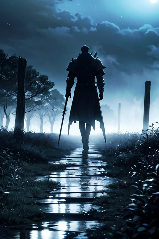 best quality,4k,8k,highres,masterpiece:1.2,ultra-detailed,realistic:1.37,homem,walking alone,towards the moon,in a battlefield,in a forest,moonlit night,lush greenery,majestic trees,shadows and silhouettes,foggy atmosphere,hauntingly beautiful,ominous ambiance,dark clouds,war remnants,faint starlight,cracked earth,remnants of destruction,solemn expression,determined stride,heavy armor,tattered clothes,moonlight reflecting off the armor,whispering wind,mysterious figures lurking in the shadows,secrets of the past,peaceful yet eerie,contrast of light and darkness,pensive mood,dark and brooding color palette,subtle hints of red and blue,ethereal glow,mystical energy,haunting beauty