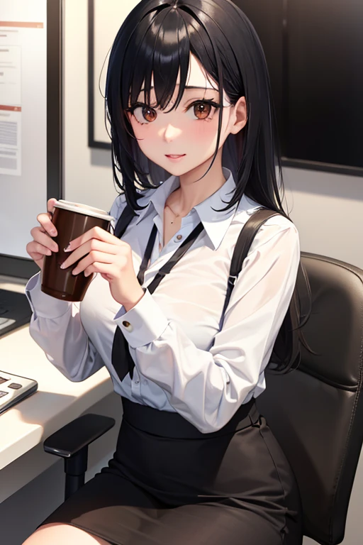 A black haired office female worker with brown eyes is pouring coffee in the office