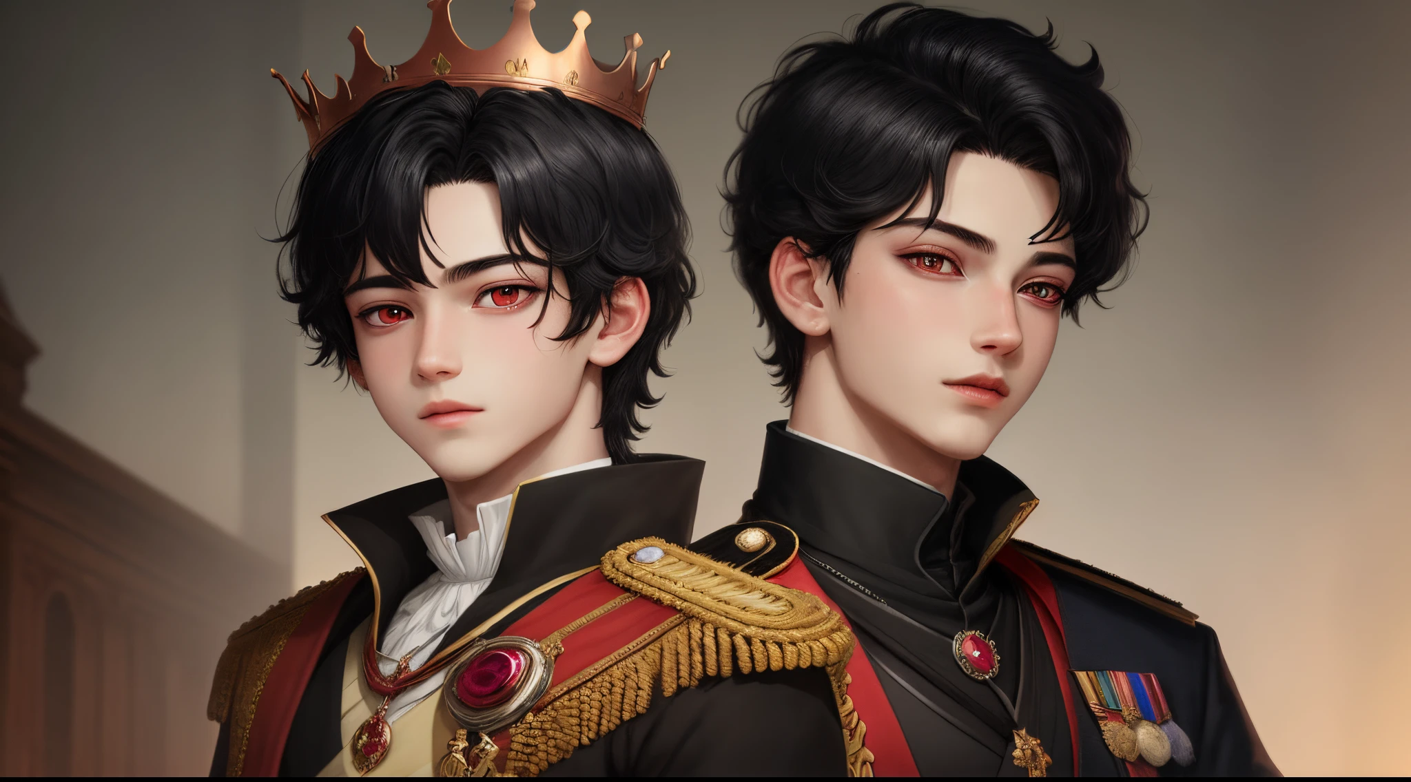 A young prince with red eyes and black hair and a black ruby crown on his head