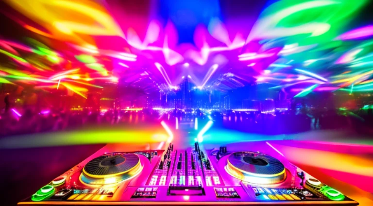 (best quality, highres:1.2), colorful DJ mixing, vibrant lights, abstract art, energetic atmosphere, digital illustrations, neon glow, energetic crowd, dynamic electronic music, psychedelic visuals