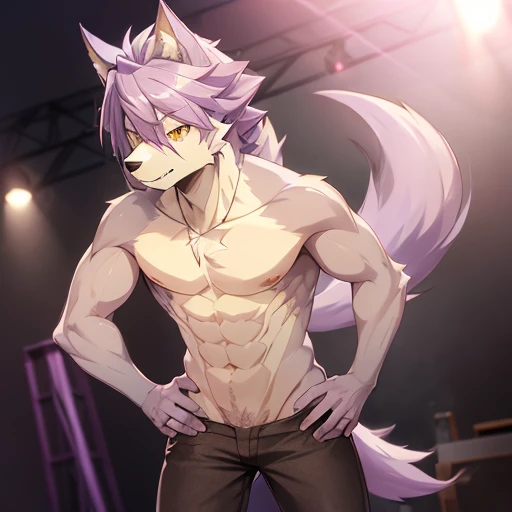 masterpiece kouya thymilph white and secondary purple fur, purple eyes, purple ears, cute, lean, full body, casual clothing, standing, hands on hip, camera angled down, look at audience, gothic casual clothing, fully clothed