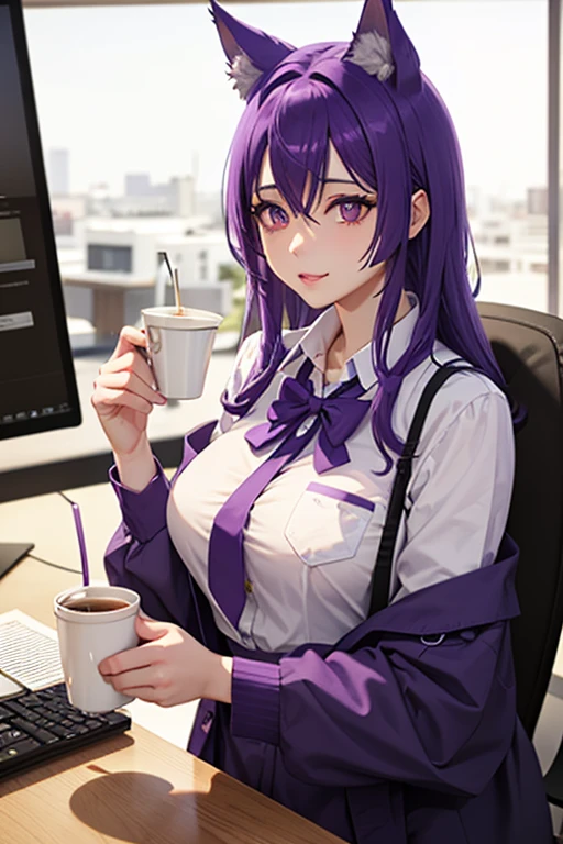 A purple haired office female worker with violet eyes and purple wolf ears is pouring coffee in the office