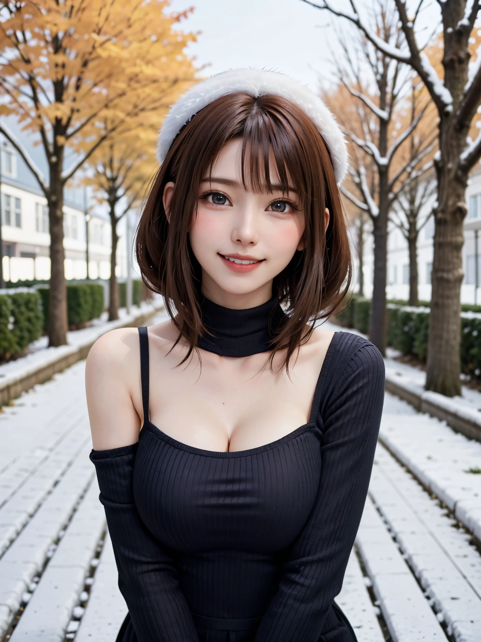 (masutepiece:1.4, top-quality、Very attractive adult beauty with a very cute smile:1.4、Add intense highlights to the eyes:1.4、Look firmly at the camera、Beautiful woman full of adult charm:1.4),1girl in, 独奏, Light brown shiny hair, muffler,Santa Claus hat:1.4,realisitic, looking at the viewers, Bright colored crystal light blue eyes:1.4, short shiny hair, Santa Claus Starneck Knit、 Red and white costume of Santa Claus in a turtleneck with a round hole in the center of the chest:1.4,Sexy red and white turtleneck knit sweater with round hole in the center of chest:1.4、 s lips, lipgloss:1.4,bangss, The upper part of the body、big eye、Lashes、The face is a little red:1.4、Embarrassing)、((Canada's tree-lined streets in winter:1.4))、((Brunette's short bob hair with bangs、big eye、Put very strong highlights in your students:1.4、{Gigantic|Big|Huge|Mega} breasts:1.4、very Bigger breasts、gazing at viewer、Very beautiful beauty、Put your ears out:1.4、long neck:1.4、little smiling、Beautiful teeth、Open your mouth and smile:1.4))、28 year old:1.4、Very cute supermodel:1.4、
