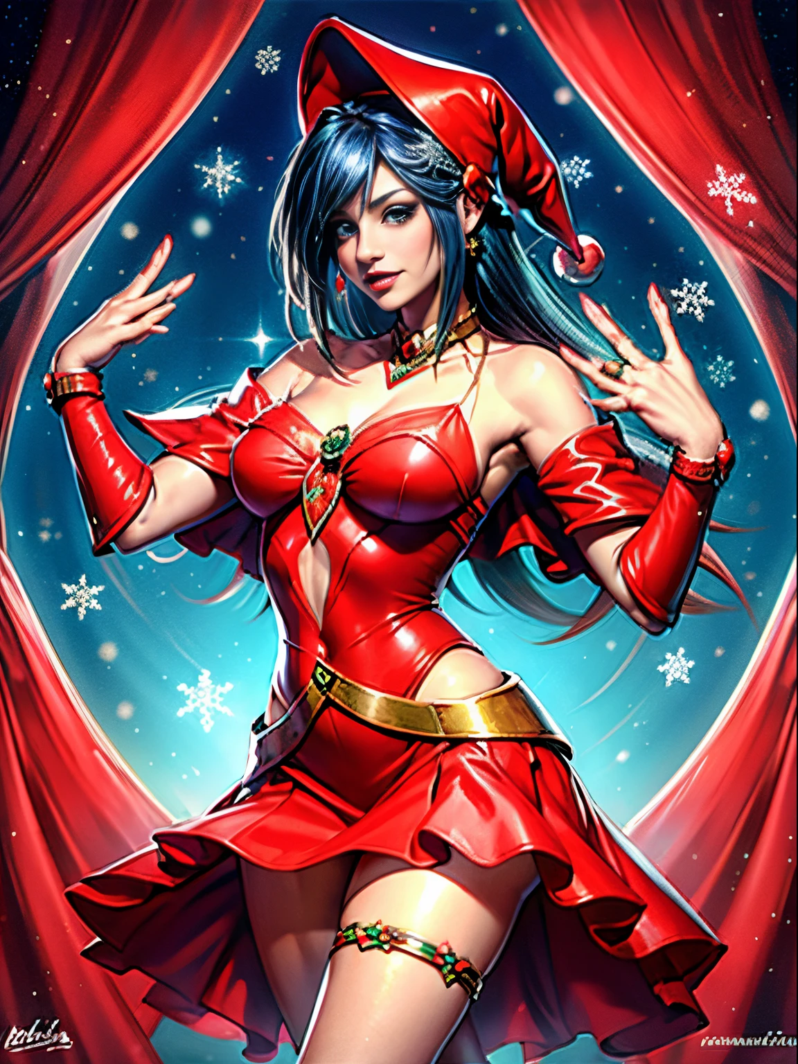 Dark magician gils con vestido rojo,((see through)), extremadamente detallado, rubio,(((Mini falda diminuta))), ((skirt lift)),(((tanga visible))),Sonriendo, ojos azules, realista, tacones rojos, (((Navidad))), escote, ((christmas tree, Regalos)), cabello rubio, navidad de Magia. Pose sejustiva y sensual. Con las manos hace un Carazo en su pecho