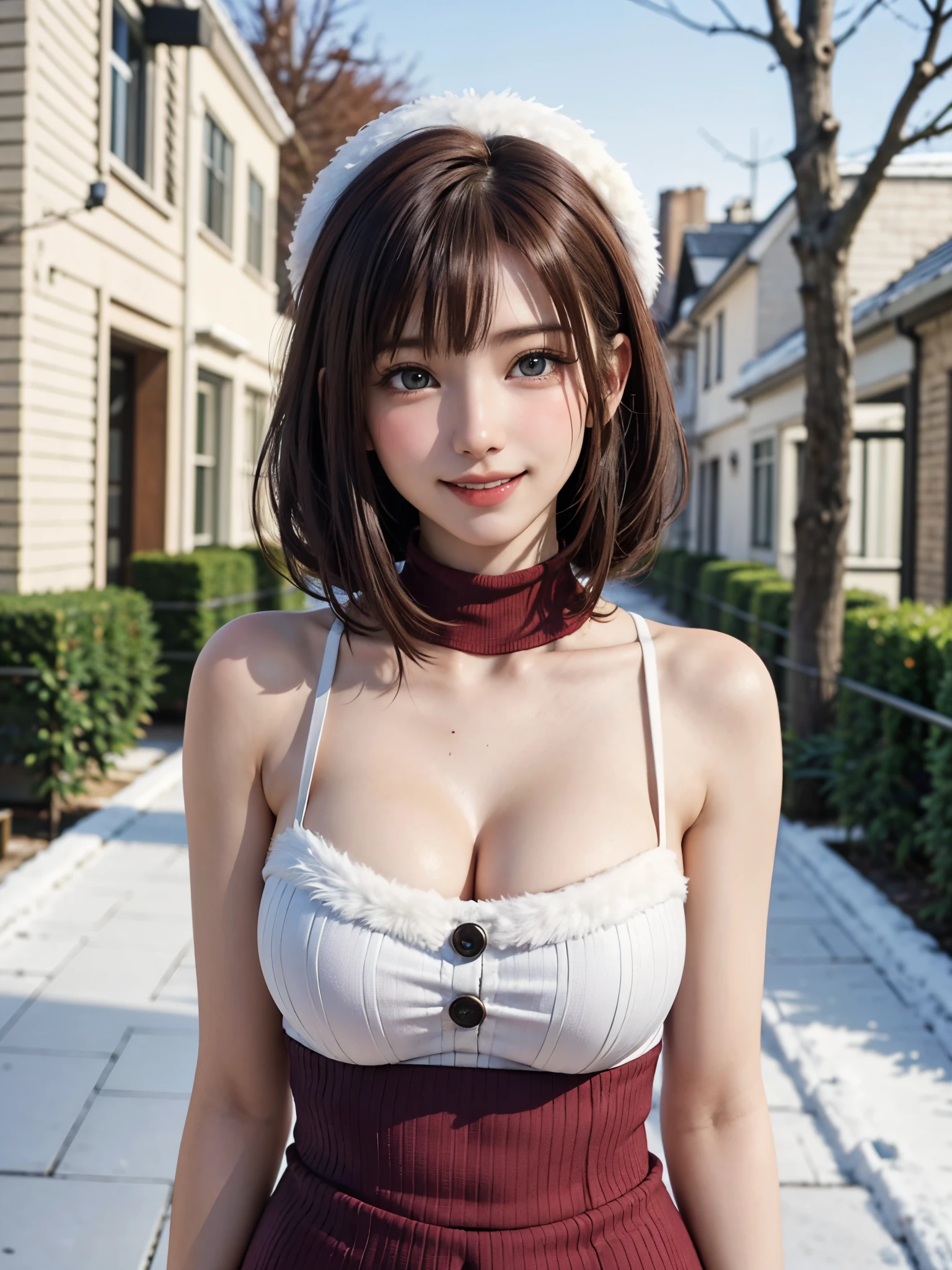 (masutepiece:1.4, top-quality、Very attractive adult beauty with a very cute smile:1.4、Add intense highlights to the eyes:1.4、Look firmly at the camera、Beautiful woman full of adult charm:1.4),1girl in, 独奏, Light brown shiny hair, muffler,Santa Claus hat:1.4,realisitic, looking at the viewers, Bright colored crystal light blue eyes:1.4, short shiny hair, Santa Claus Starneck Knit、 Red and white costume of Santa Claus in a turtleneck with a round hole in the center of the chest:1.4,Sexy red and white turtleneck knit sweater with round hole in the center of chest:1.4、 s lips, lipgloss:1.4，bangss, The upper part of the body、big eye、Lashes、The face is a little red:1.4、Embarrassing)、((Canada's tree-lined streets in winter:1.4))、((Brunette's short bob hair with bangs、big eye、Put very strong highlights in your students:1.4、{Gigantic|Big|Huge|Mega} breasts:1.4、very Bigger breasts、gazing at viewer、Very beautiful beauty、Put your ears out:1.4、long neck:1.4、little smiling、Beautiful teeth、Open your mouth and smile:1.4))、28 year old:1.4、Very cute supermodel:1.4、