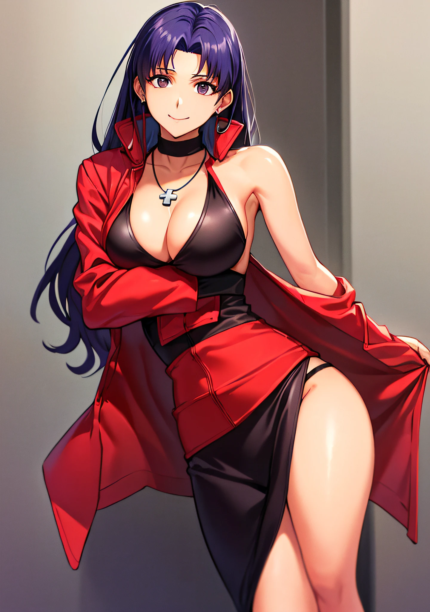 masutepiece, Best Quality, Very detailed_nffsw_Unity_8K_ Wallpaper,  Solo, Misato Katsuragi, Brown eyes, Indigo hair, Big breasts, Cross Necklace, Red jacket, Big breasts、((Smaller head)）、1 female、fullmoon、room dress、black slit dress、Sexy pose with one knee standing、(Raw photography:1.2)、(Photorealsitic:1.4)、A smile、Textured skin、extremely detailed eye and face、beatiful detailed eyes、二重まぶた、huge filesize、(Increase the beauty of skin texture:1.1)、hight resolution、highlydetailed skin、top-quality、8k wallpaper、电影灯光、large boob,Seductive underwear、Open legs、The chest is visible、 Spread your legs、Spread your crotch、Persistent stare, Sharp eyes, sexy langeries