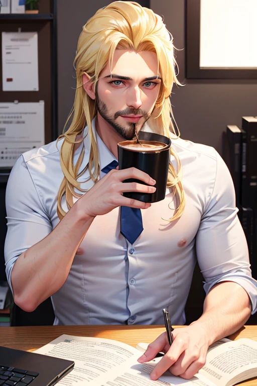 A handsome muscular blonde haired male office worker with blue eyes and long hair and a dark beard is drinking coffee in the office