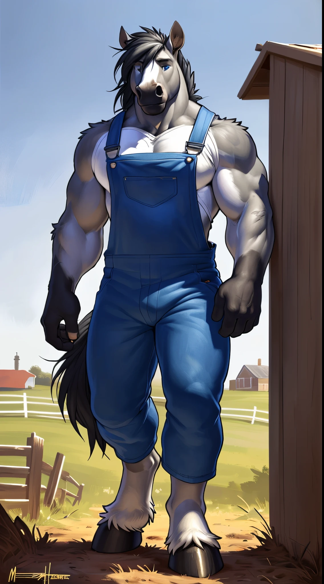 Front view, (modern):1.8 full height, anthro (horse), male, equine, adult, solo, muscular:1.2, thick:1.4 build, tall, ((blue:1 farm overalls, black-white vest)), hooves, correct anatomy, horse tail, , (grey fur, short black mane, detailed fur:1.4), shy, (high quality ultradetailed:1 blue eyes), farm background, (masterpiece:1.2), epic, natural lighting, (by takemoto arashi, by meesh, by Taran Fiddler)