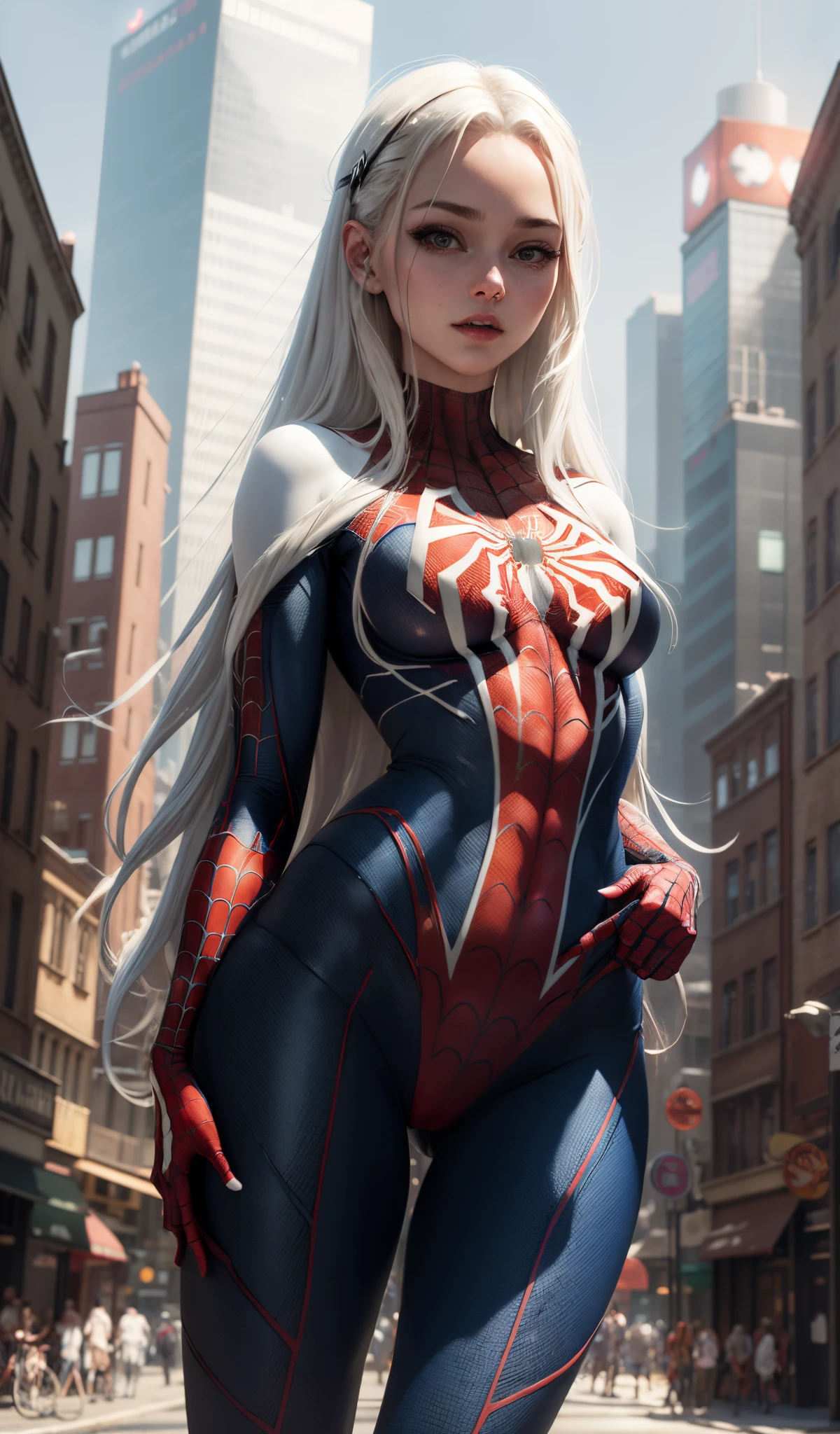 (Masterpiece, 4k resolution, ultra-realistic, very detailed), (White superhero theme, charismatic, there's a girl on top of town, wearing Spider-Man costume, she's a superhero), [ ((25 years), (long white hair:1.2), full body, (blue eyes:1.2), ((Spider-Man pose),show of strength, jumping from one building to another), ((sandy urban environment):0.8)| (cityscape, at night, dynamic lights), (full moon))] # Explanation: The Prompt mainly describes a 4K painting of ultra-high definition, very realistic, very detailed. It shows a superheroine at the top of the city, wearing a Spider-Man costume. The theme in the painting is a white superhero theme, the female protagonist has long white hair, is 25 years old and her entire body is shown in the painting. In terms of portraying the actions of superheroines, spiders are employed