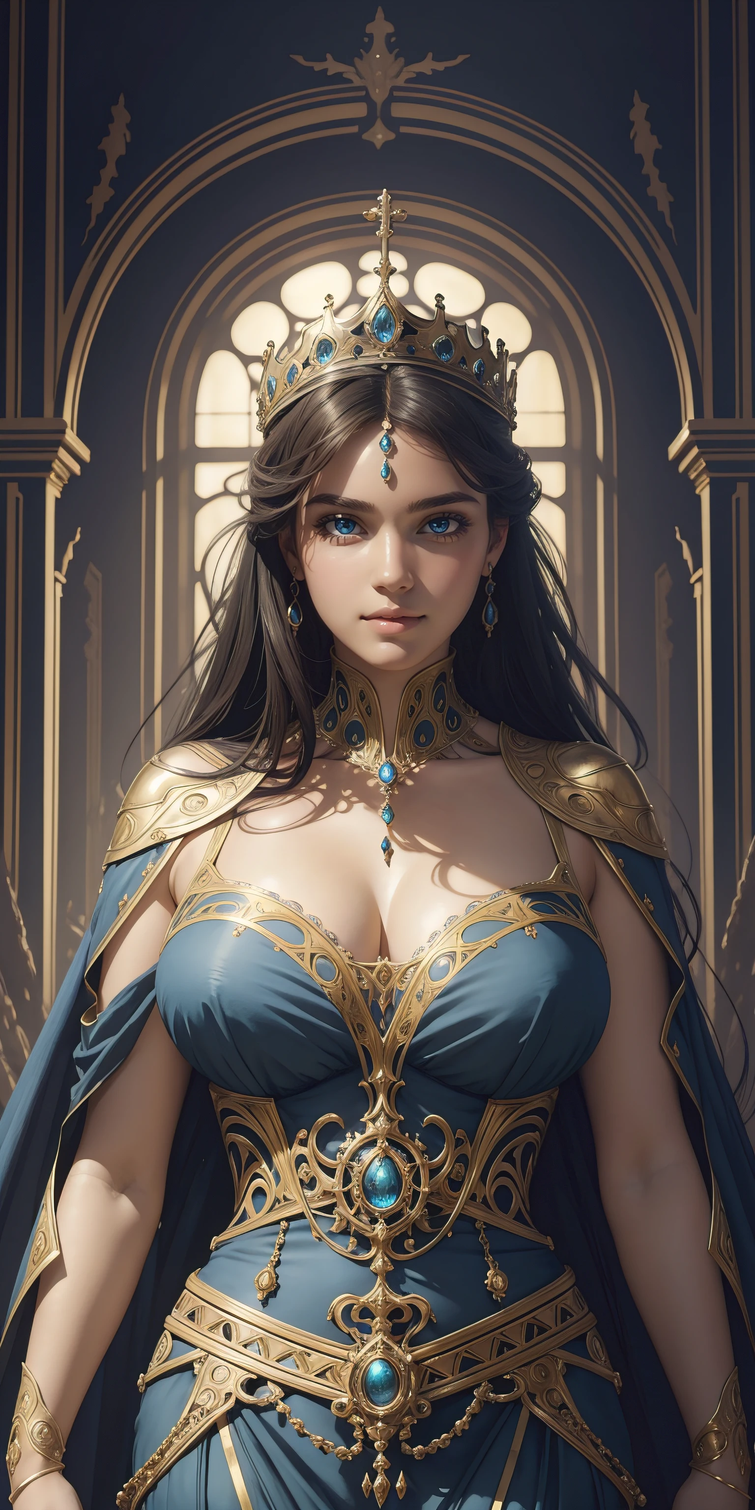 (masterpiece, best quality, ultra-detailed, photorealistic), 1 girl, curvaceous but slender body, portrait of ethereal goddess, intricate, elegant, highly detailed, digital painting, artstation, concept art, smooth, sharp focus, illustration, art by artgerm and greg rutkowski and alphonse mucha and william - adolphe bouguereau and stephanie law , epic royal background, big royal uncropped crown, royal jewelry, robotic, nature, full shot, symmetrical, Greg Rutkowski, Charlie Bowater, Beeple, Unreal 5, hyperrealistic, dynamic lighting, fantasy art