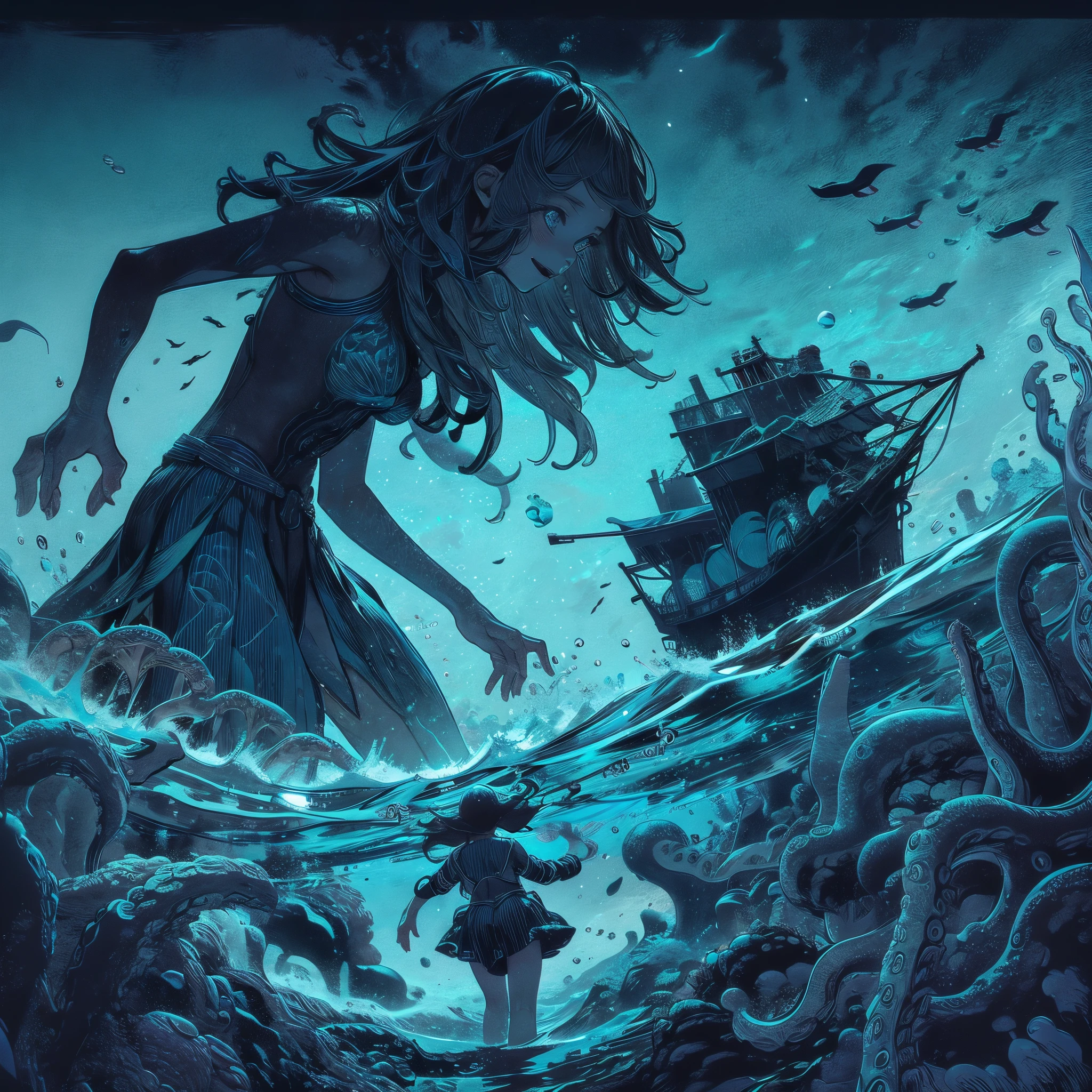 ocean. Giant girl. attack from below the surface. girl attacking a ship. tentacles on the ocean floor. Swim. UMA style.