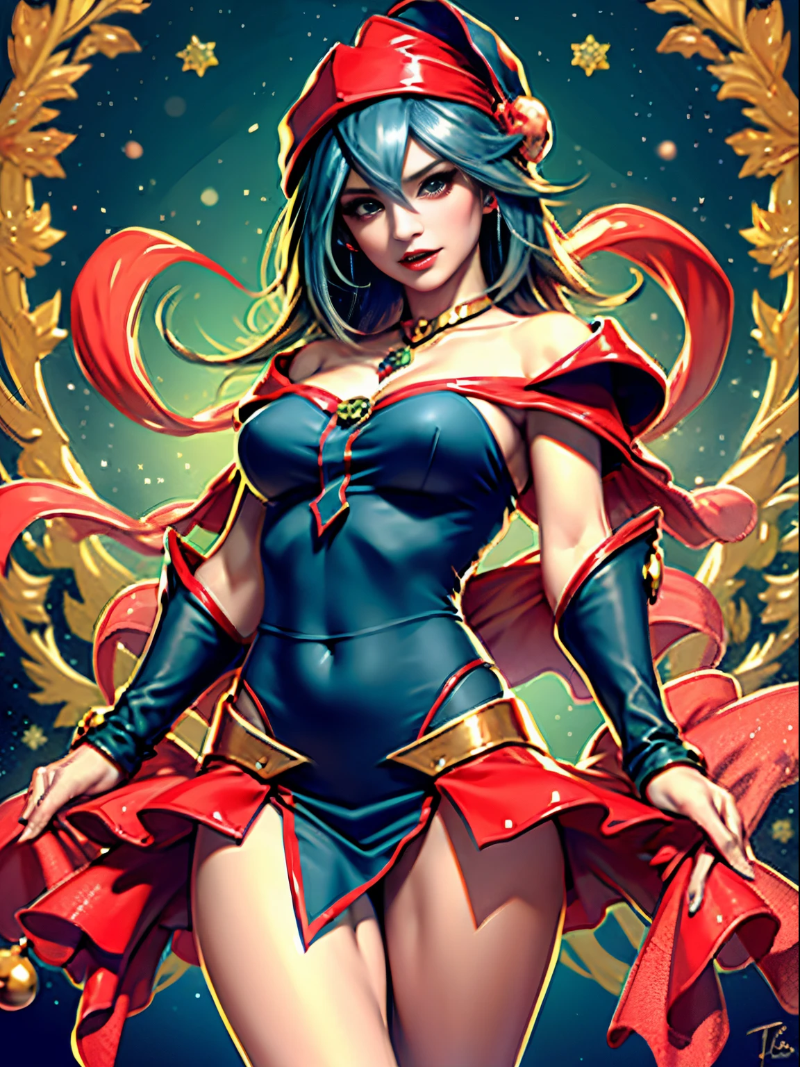 Beautiful dark mage (Masterpiece: 1.2, The best quality), (1 , only), big breasts, (dynamic posture), (shiny skin, Redskin carmesí), Redskin carmesí, Dark Maga Girl Sezy Demon Version, Redskin, Thin and lace gloves, ( little demon horns:1.1), (Lilith \(dark stalkers\)), (sky), fringe, (joya, golden ornament:1.15 ), pelvis grande, blue (shackles:1.1) Dark Magician Girl Sexy Demon Version. Magic circle and magic hearts... magic hearts