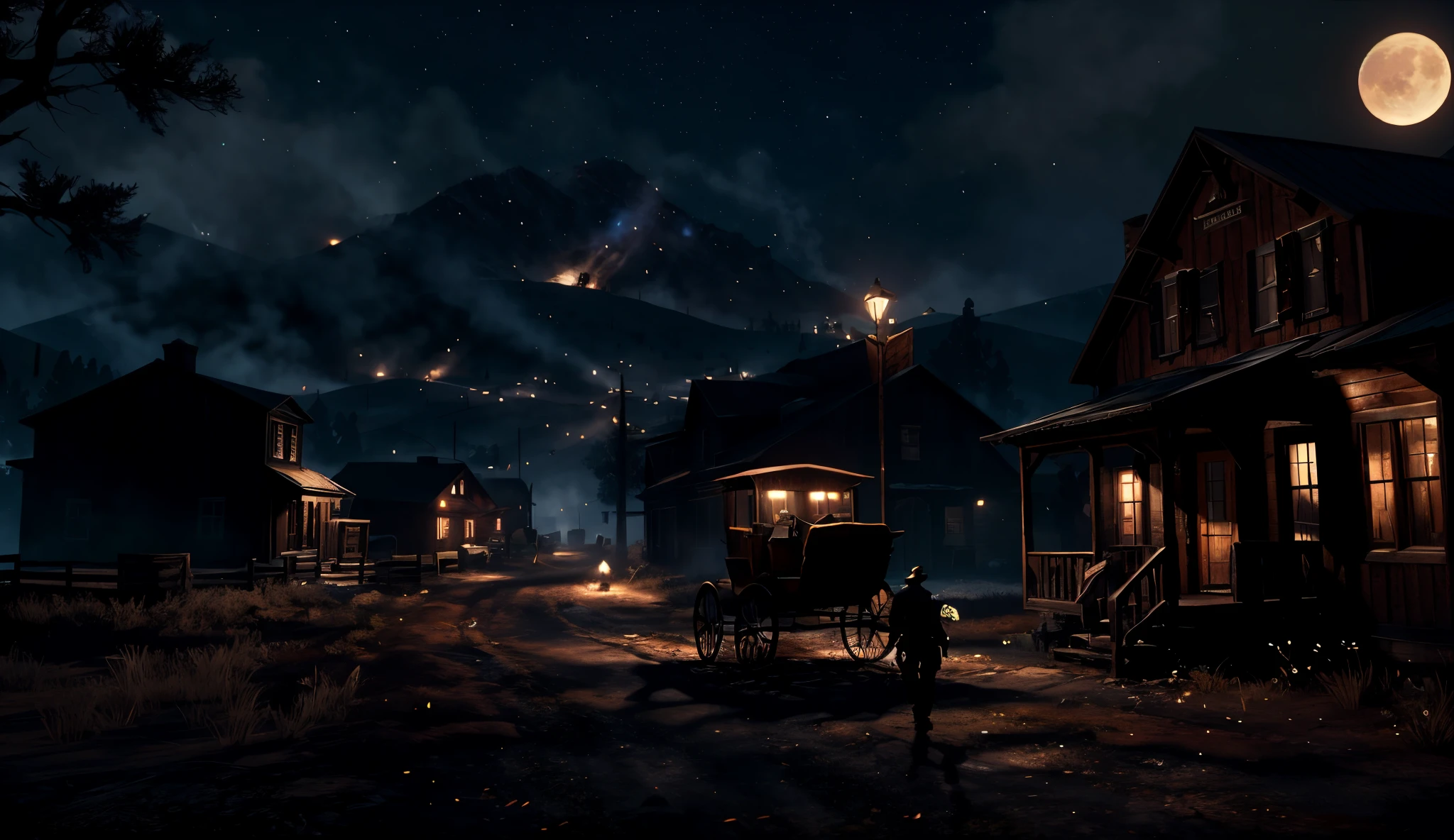 ghost town night scene with carriage and house, Blue Moon Ray Tracing, Cinematic lighting at night, Cinematic Night Lighting, Beautiful and cinematic lighting, Brilliant cinematic lighting, Still from the movie, detailed cinematic shot, It's possible, 电影灯光, Художественный стиль Red Dead Redemption, Inspired by Roger Deakins, В Red Dead Redemntion 2, The Old West, Game Engine Lighting