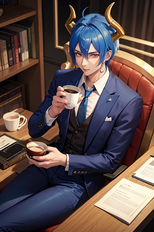 A handsome blue haired male dragon demon with golden eyes and golden horns wearing gloves and a suit is drinking coffee in the office