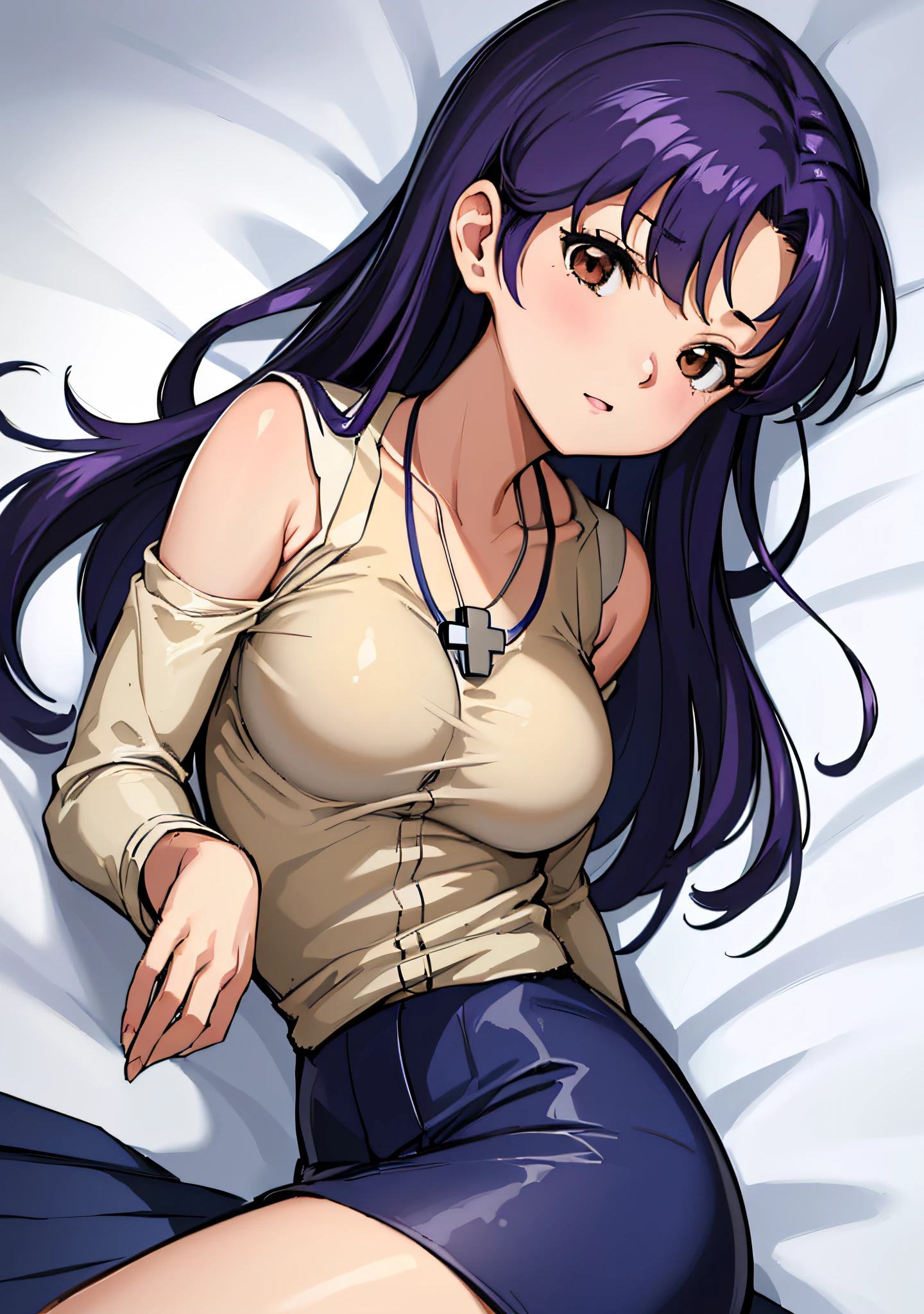 masutepiece, Best Quality, Very detailed_nffsw_Unity_8K_ Wallpaper, Very detailed _ Eyes, Evangelion: 3.0 you can \ (Not \) redo, girl, Solo, Misato Katsuragi, Brown eyes, Indigo hair, Big breasts, Cross Necklace, a bed、open one's legs、Open your crotch、Underwear with a small area
