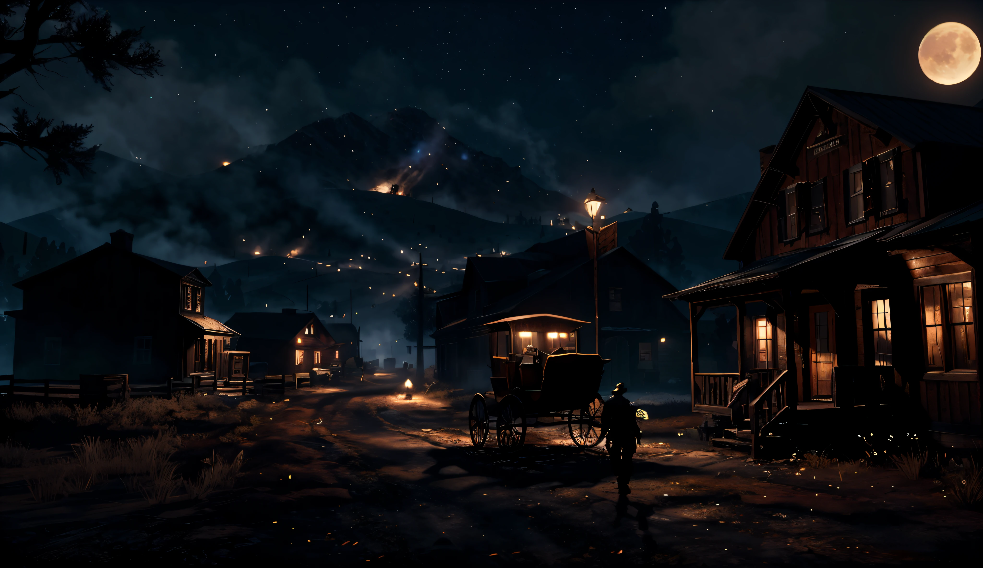 ghost town night scene with carriage and house, Blue Moon Ray Tracing, Cinematic lighting at night, Cinematic Night Lighting, Beautiful and cinematic lighting, Brilliant cinematic lighting, Still from the movie, detailed cinematic shot, It's possible, 电影灯光, Художественный стиль Red Dead Redemption, Inspired by Roger Deakins, В Red Dead Redemntion 2, The Old West, Game Engine Lighting