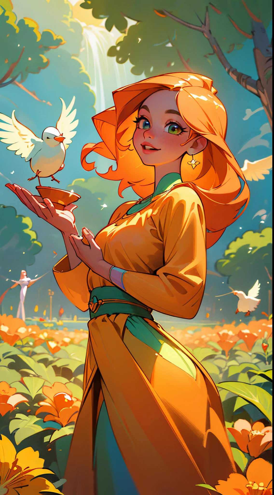 (ultra-detailed,photorealistic,masterpiece:1.2),vibrant orange-skinned girl with flowing hair,expressive and lively eyes,long eyelashes and beautiful detailed lips,dressed in a flowing orange gown,basking in the warm sunlight of an enchanting garden,dotted with colorful flowers and lush greenery,golden rays of sunlight casting a magical glow on her,surrounded by fluttering butterflies and singing birds,twirling gracefully to the uplifting melody of a lively tune,creating a mesmerizing and joyful atmosphere,a stunning artwork combining digital illustration and vibrant colors,portraying the essence of beauty and happiness with a touch of playful surrealism.