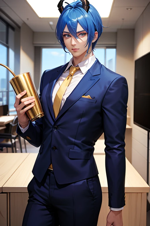 A handsome blue haired and blue skinned male dragon demon with golden eyes and golden horns wearing gloves and pointed ears and a suit is drinking coffee in the office