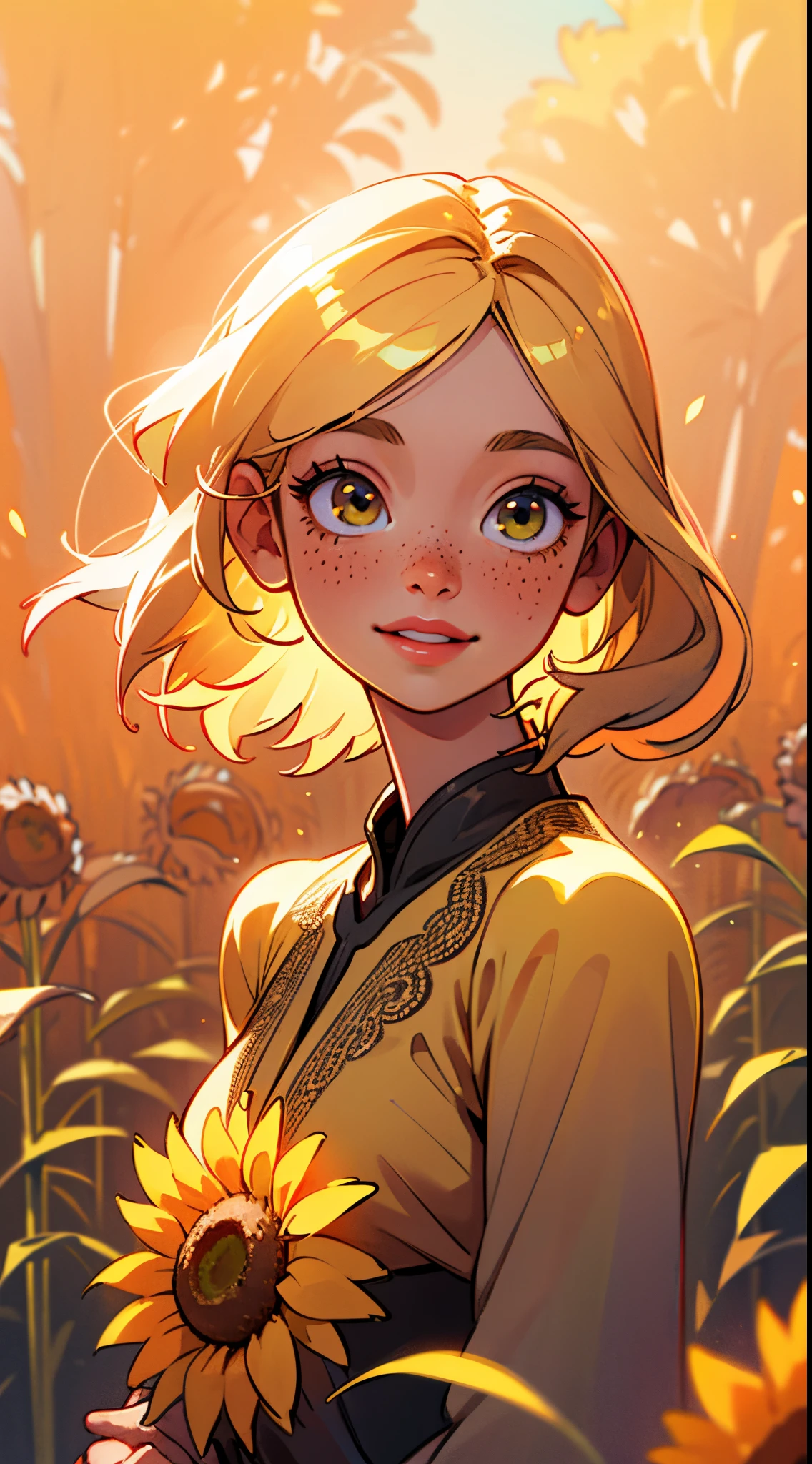 realistic,yellow girl,beautiful detailed eyes,beautiful detailed lips,longeyelashes,shiny golden hair,vibrant sunflower field,gentle breeze,soft sunlight,warm and joyful,summer dress,morning dew,freshly bloomed flowers,lively and energetic,blissful smile,lovely freckles,playful demeanor,harmonious color palette,natural and organic textures,highres,professional,portrait,studio lighting,warm color tone,subtle shadows,vivid colors,luminous atmosphere.