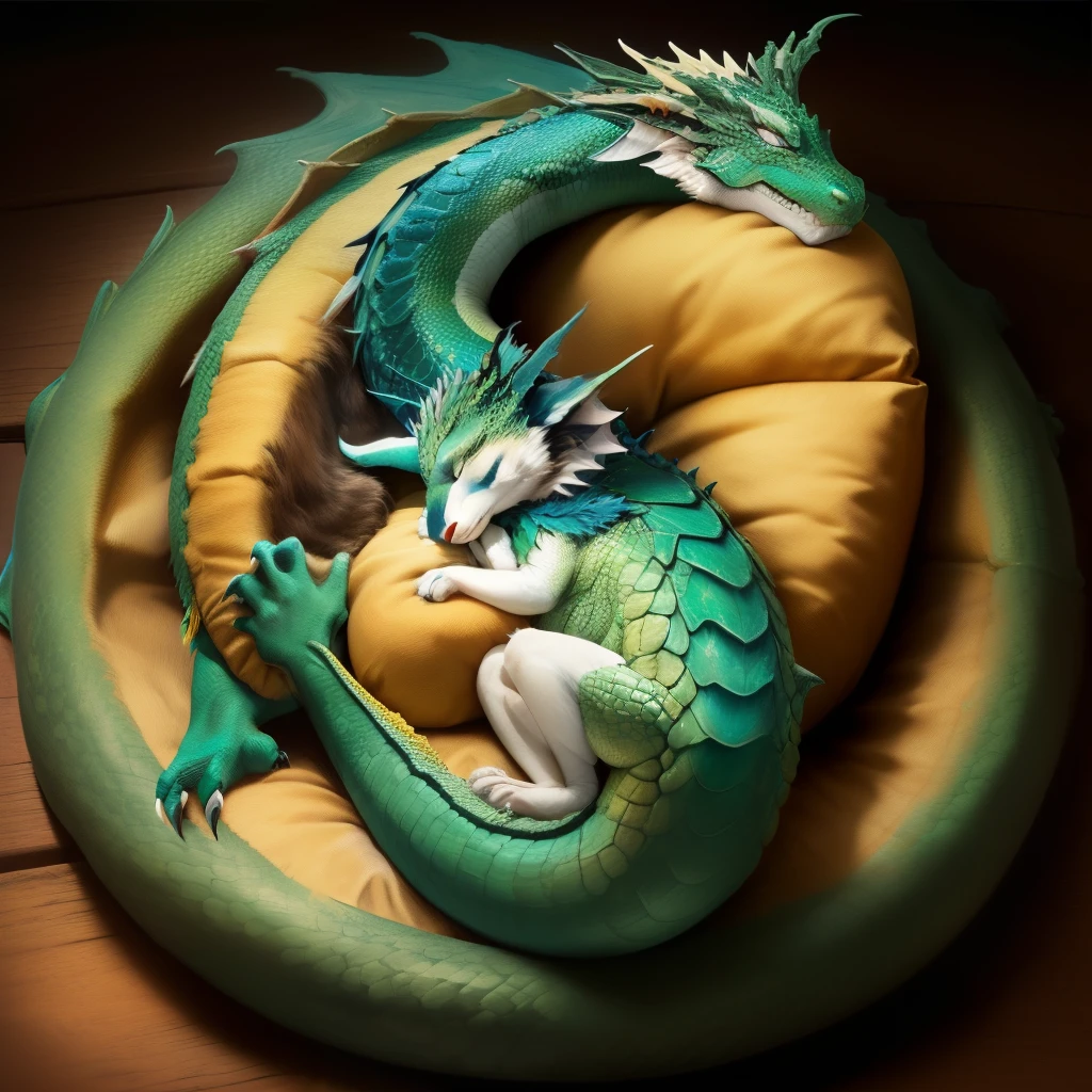 dragon sleeping peacefully with its head resting on her front paws,