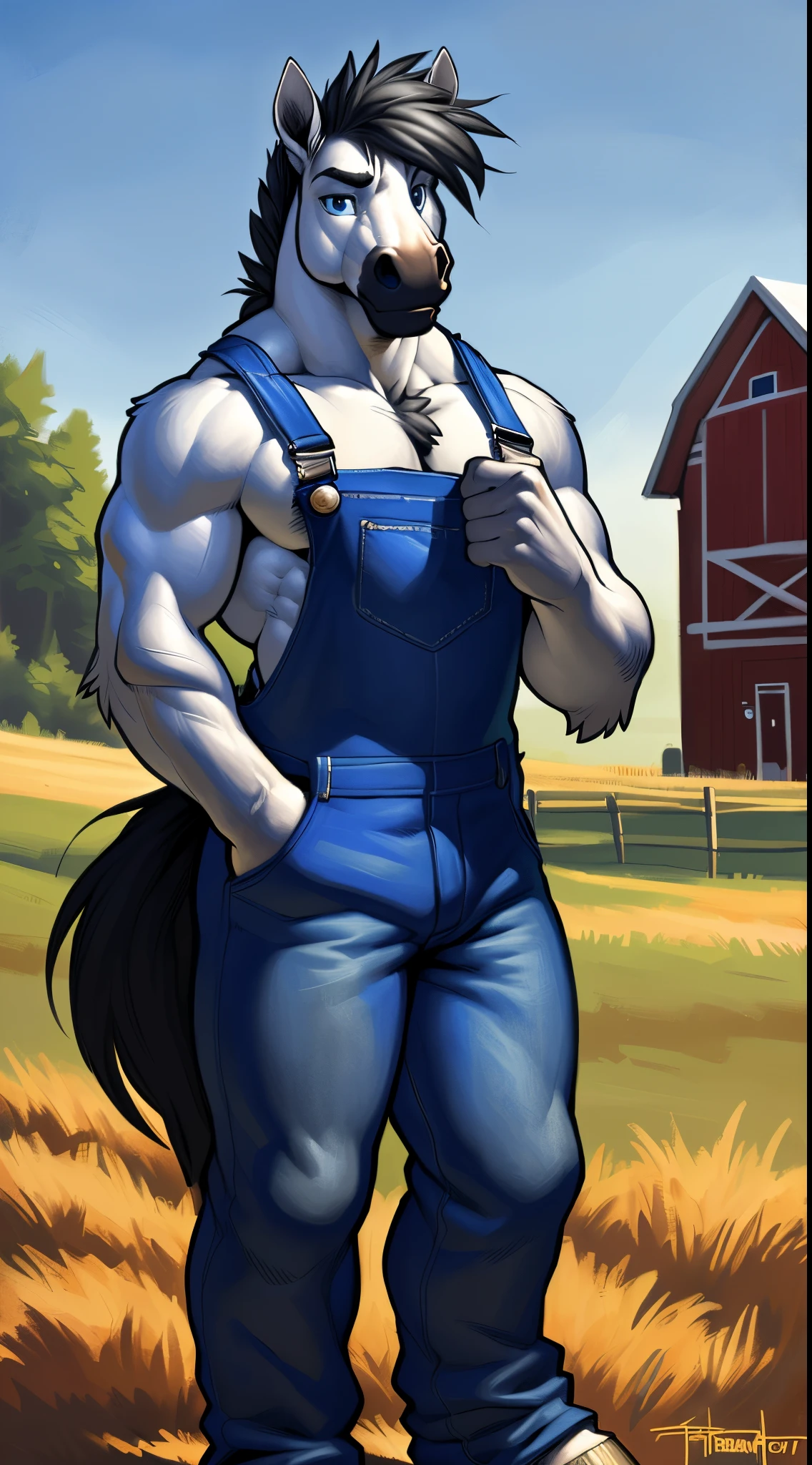 (masterpiece, 4K, ultra detailed), a horse furry, single, alone, masculine, athlete, smooth lining, cartoony, black fur, white belly, black mane, teenage, smile, outside, farm, noon, naked, sexy pose, small penis, anime, brown anime eyes