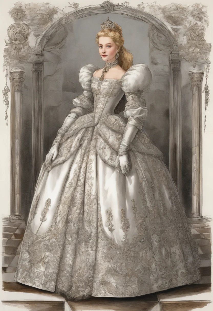 John Tenniel art, Formal and Official Coronation Portrait, Portrait of a stunningly beautiful young blonde Greer Grammer as a Queen wearing A Stately and Elaborate Royal Cinderella Court Gown with (((enormous puffed sleeves))), an hourglass waist, and a (((huge crinoline hoopskirt))) adorned with bows, embroidery, and jewels, long white gloves, pearl necklace and earrings
